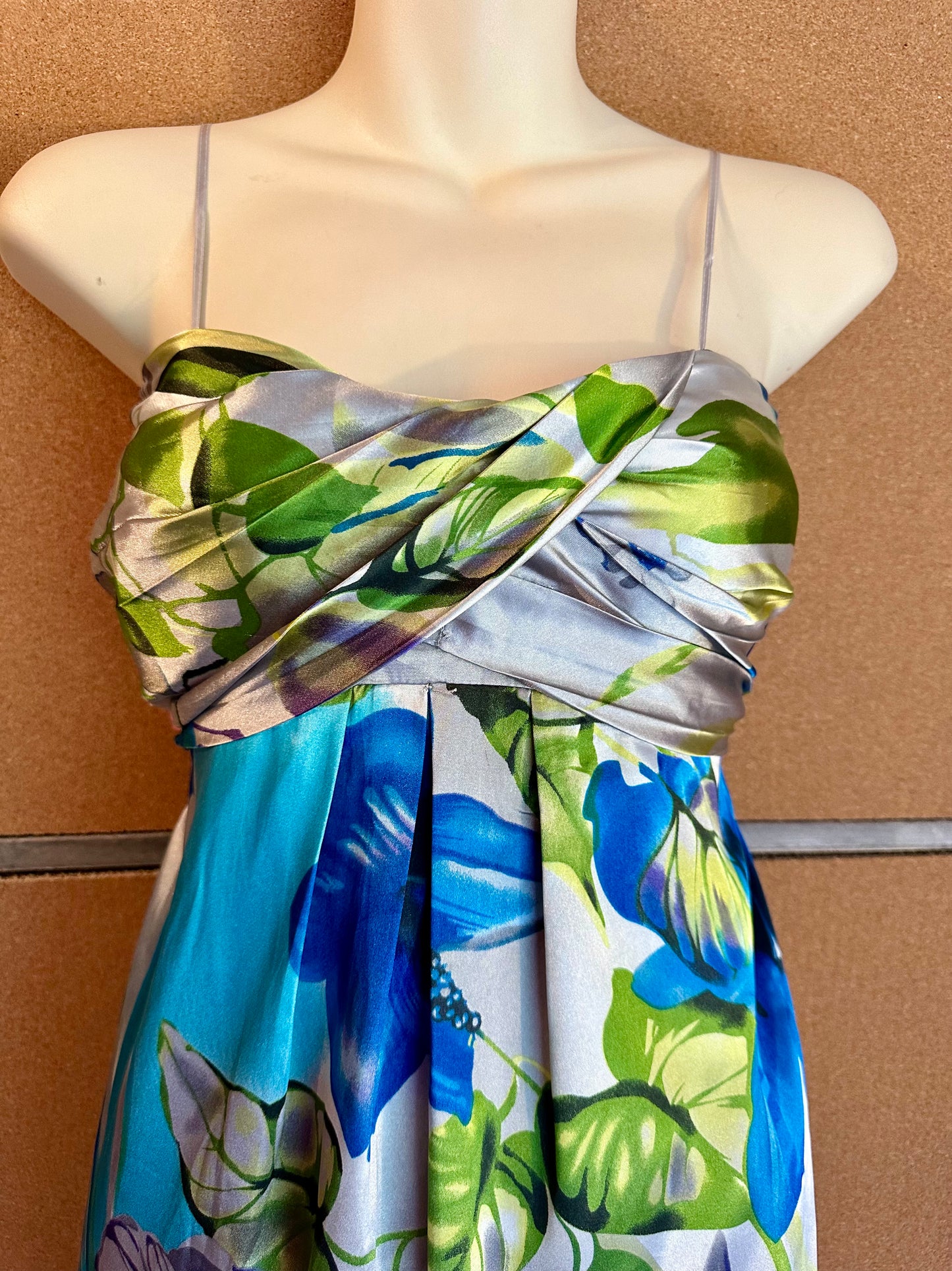 Feathers Floral Y2K Satin Bubble Hem Dress Size Large Blue Green Cocktail Party