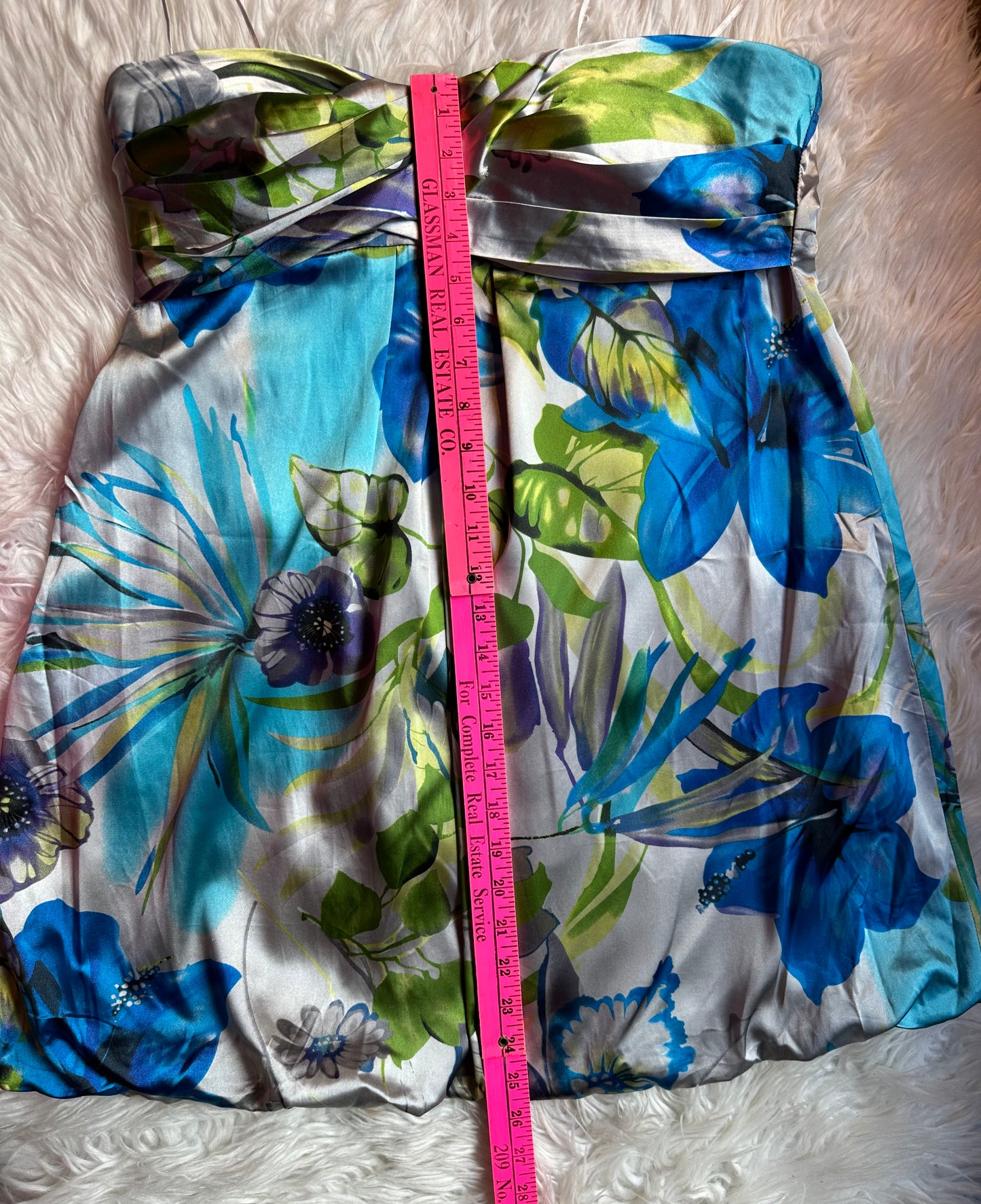 Feathers Floral Y2K Satin Bubble Hem Dress Size Large Blue Green Cocktail Party