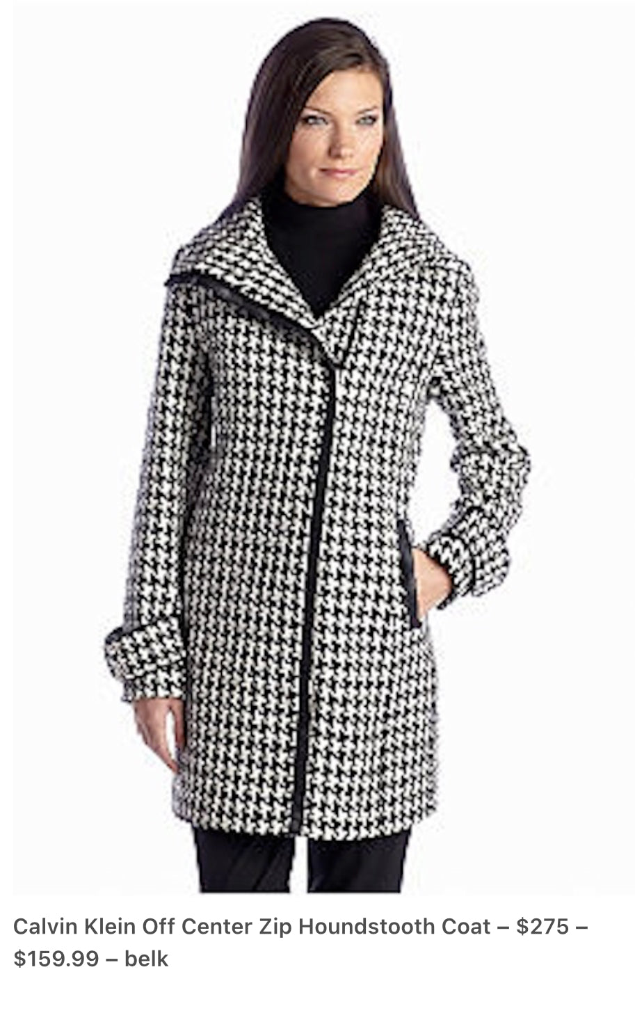 Calvin Klein Black & White Houndstooth Off Center Zip Wool Blend Coat - Size 10