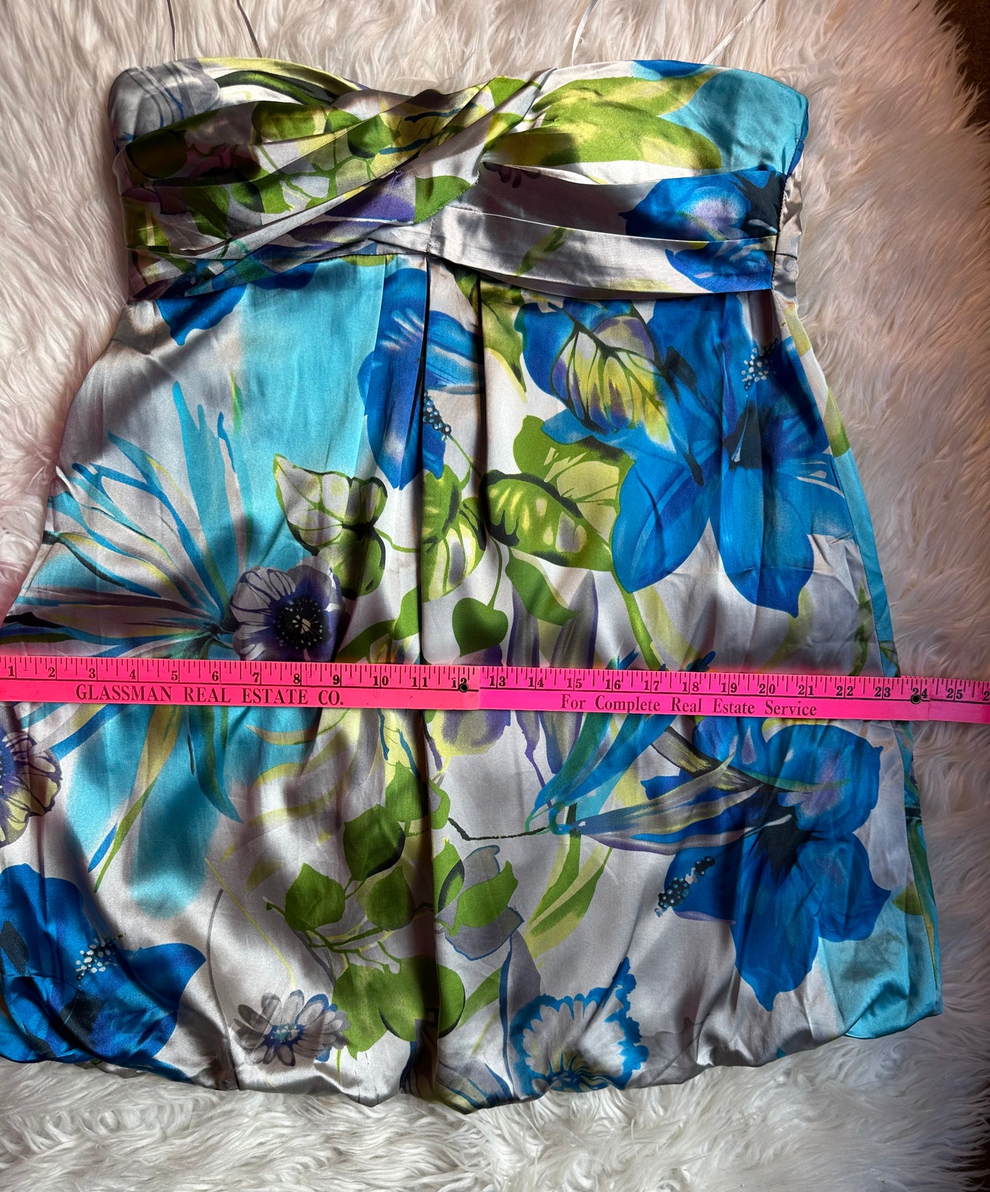 Feathers Floral Y2K Satin Bubble Hem Dress Size Large Blue Green Cocktail Party