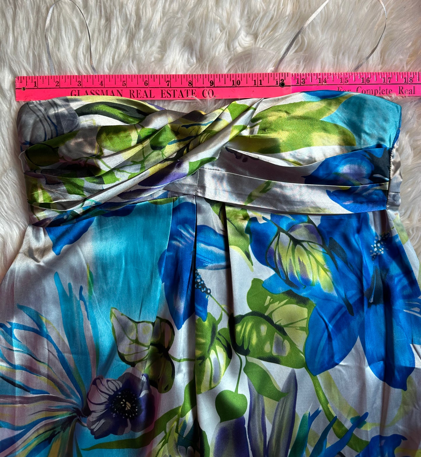 Feathers Floral Y2K Satin Bubble Hem Dress Size Large Blue Green Cocktail Party