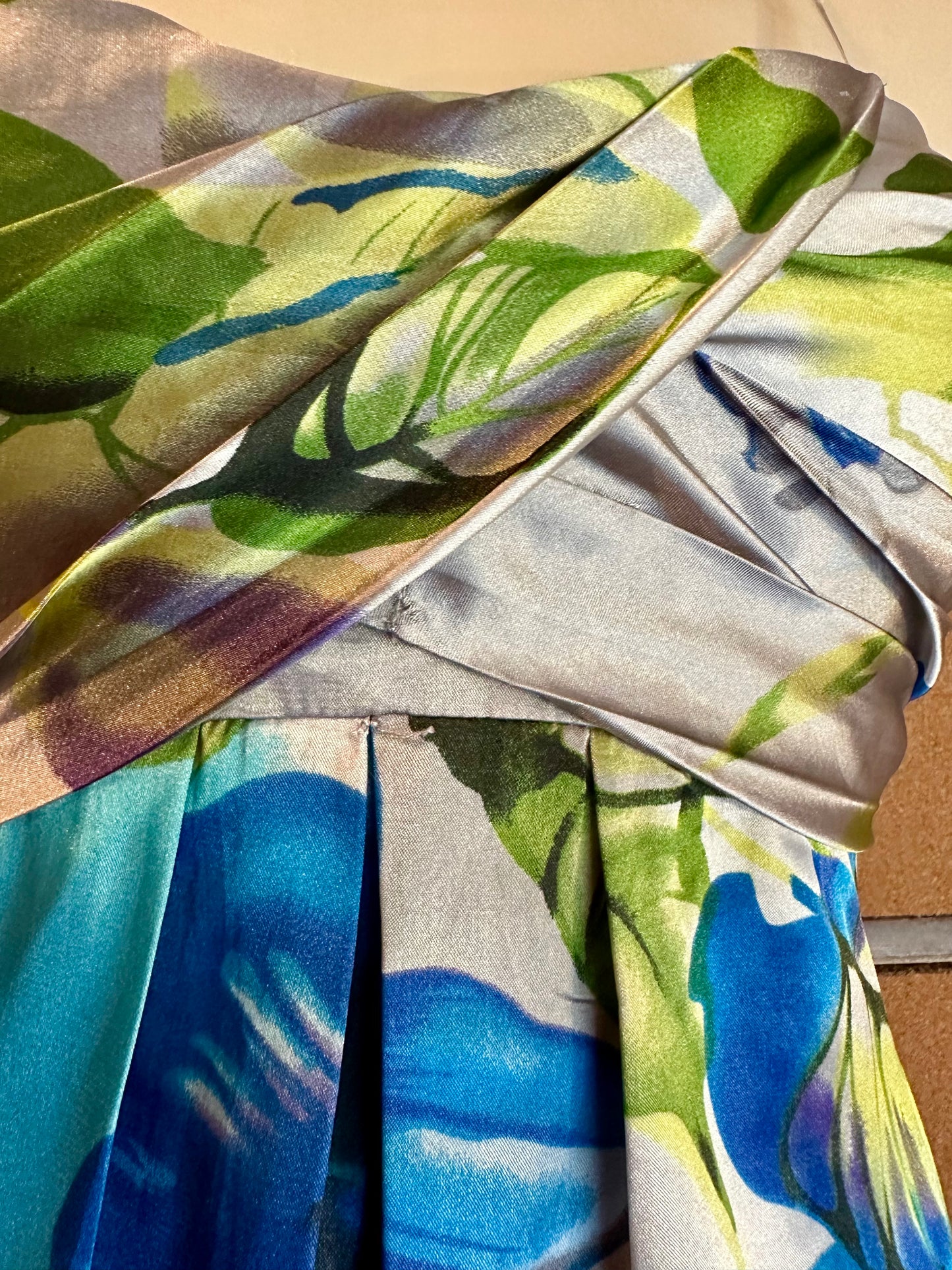 Feathers Floral Y2K Satin Bubble Hem Dress Size Large Blue Green Cocktail Party