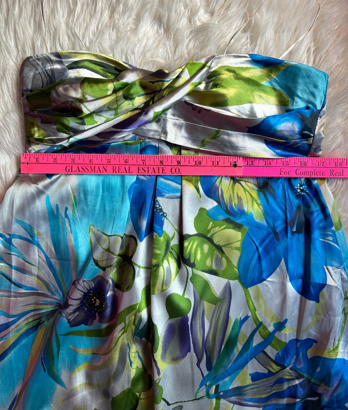 Feathers Floral Y2K Satin Bubble Hem Dress Size Large Blue Green Cocktail Party