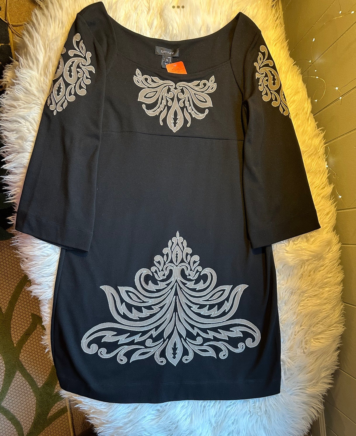 Karen Kane Black Stretch Knit Dress XL Taupe Appliqué Flare Sleeve Cocktail