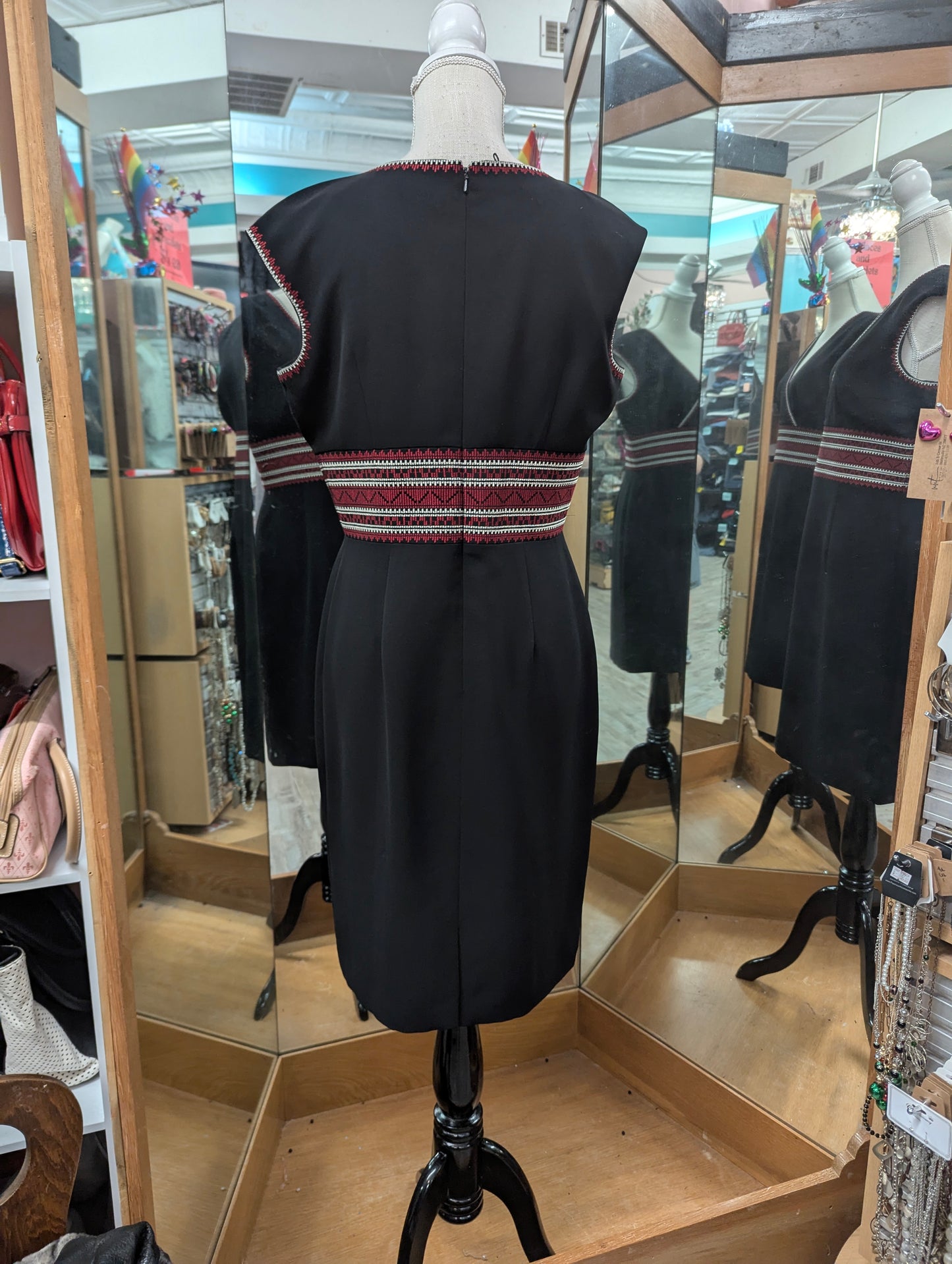 Maggy London Petites Black Sheath Dress with Red and White Embroidery in 12