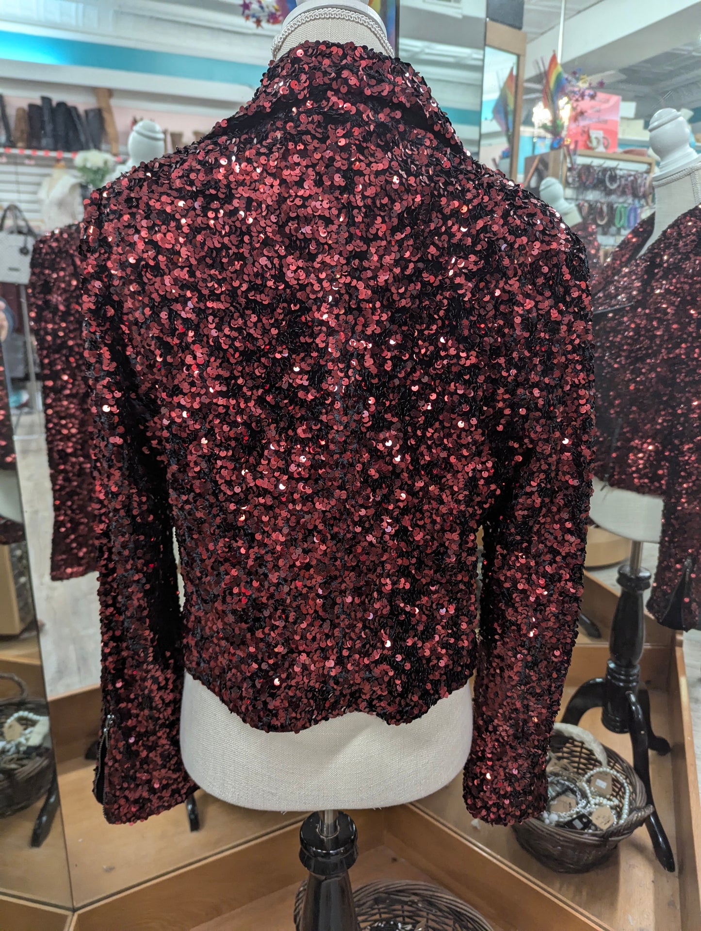 White House Black Market Red Sequin Moto Jacket in L