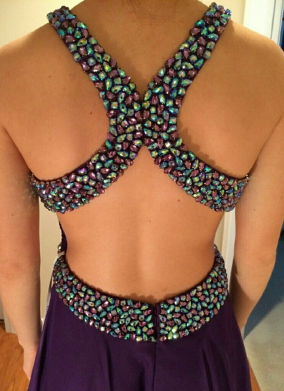 👗 Jovani Purple Beaded Prom Dress Open Back Halter Gown Size 6/7 Formal Pageant