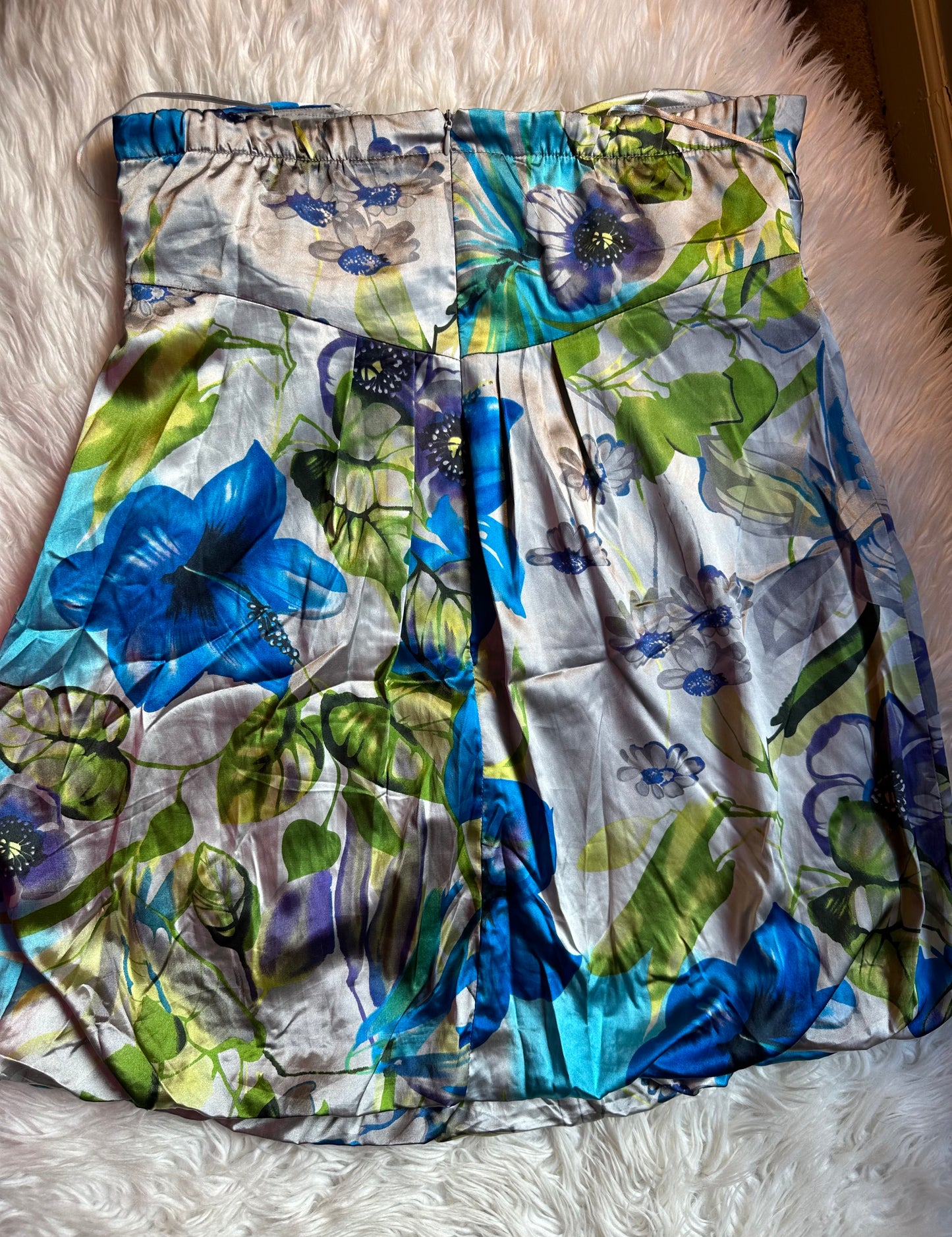 Feathers Floral Y2K Satin Bubble Hem Dress Size Large Blue Green Cocktail Party
