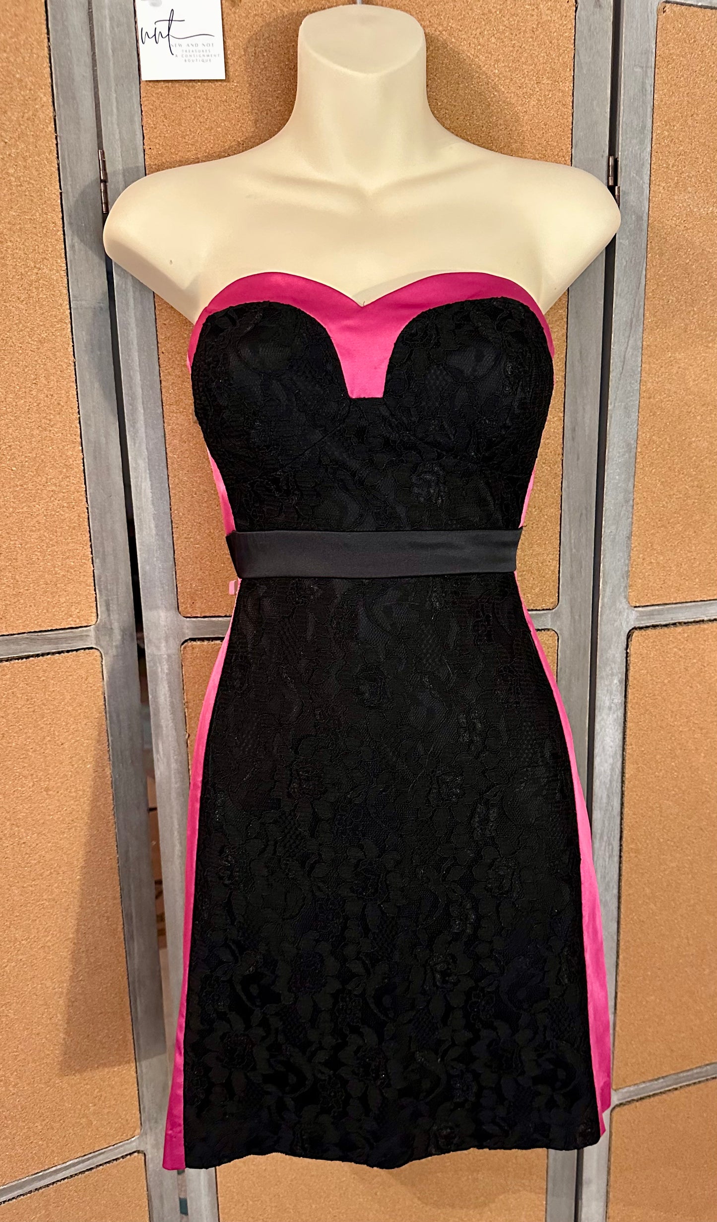 Charlotte Russe Black Lace Strapless Dress w/ Pink Satin Trim – Size Medium