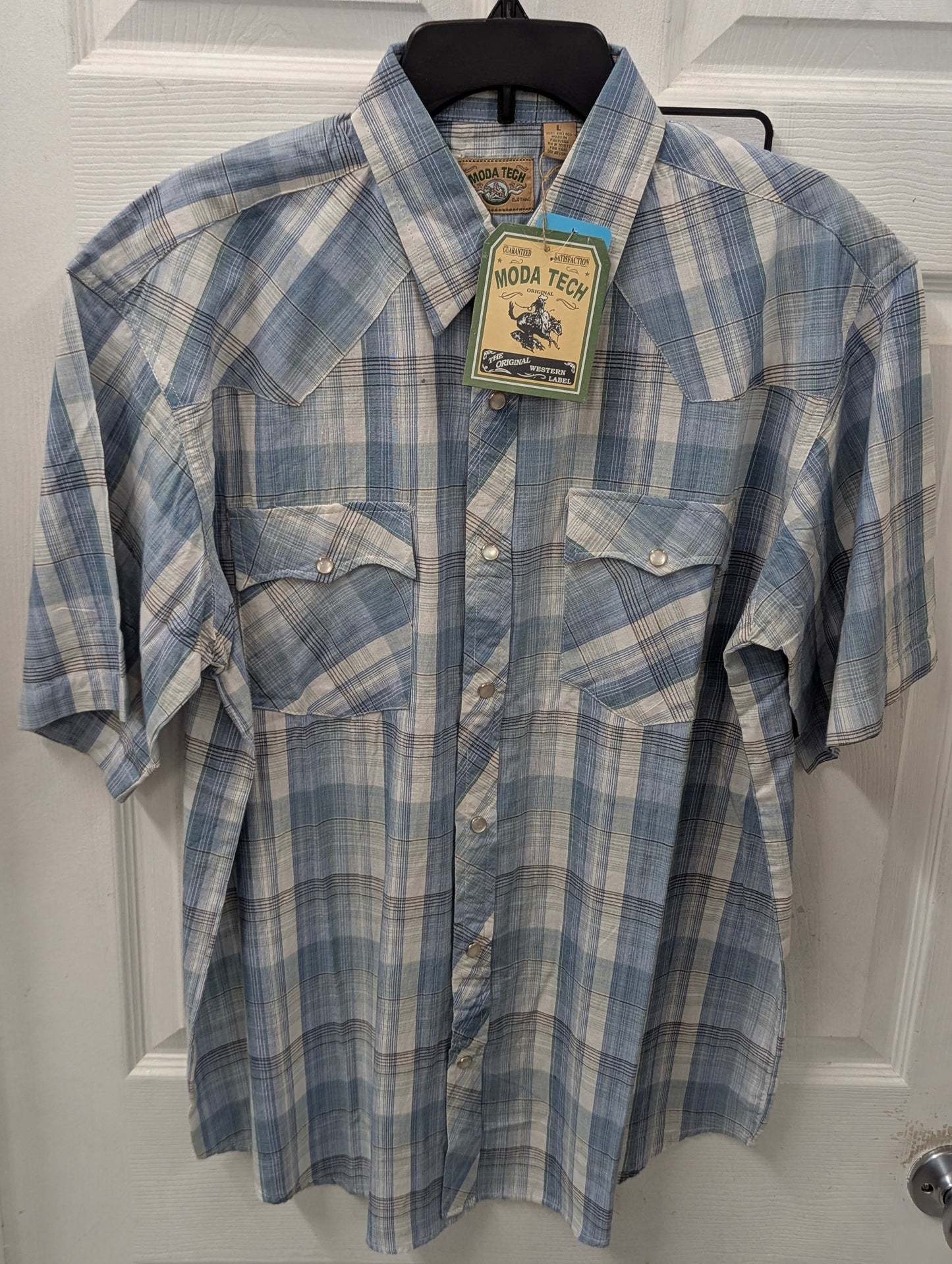 Moda Tech Dark Blue Plaid Pearl Snap Short Sleeve in M