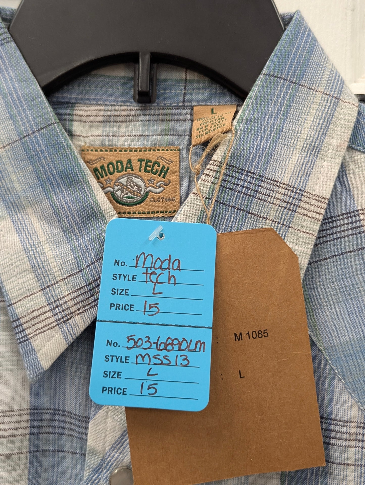 Moda Tech Dark Blue Plaid Pearl Snap Short Sleeve in M