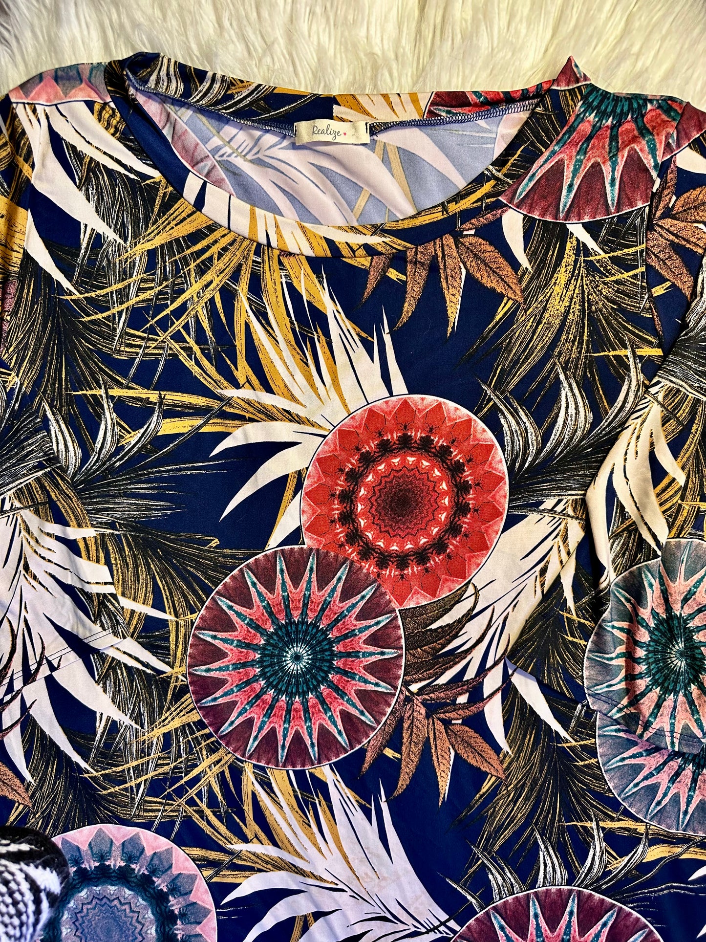 Realize 3X Boho Floral Print Dress Multicolor Stretch Tunic 3/4 Sleeve