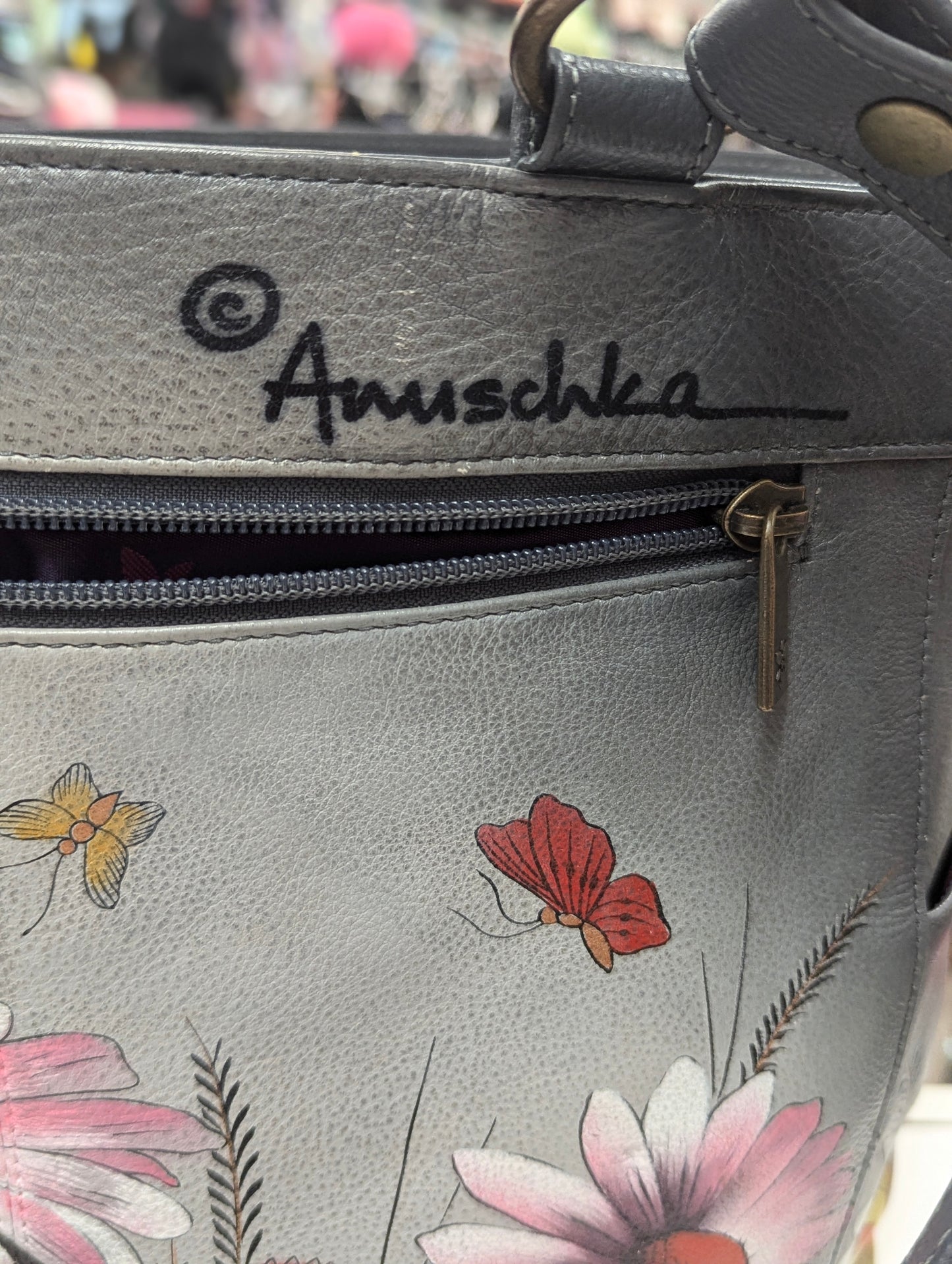 Anuschka Grey Handpainted Large Shoulder Bag