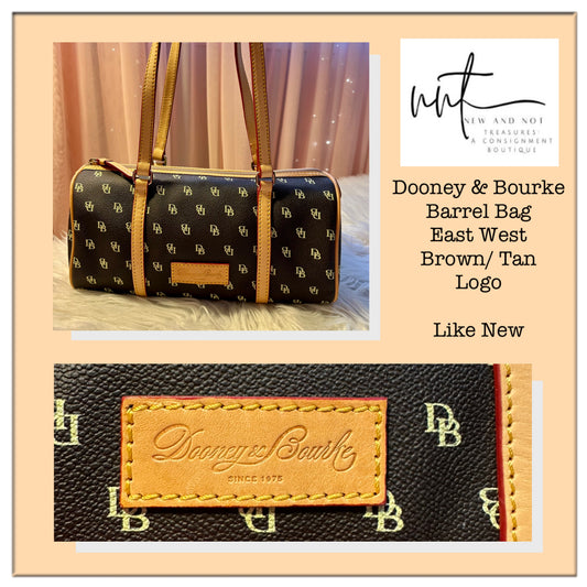 Dooney & Bourke Brown & Tan Logo Barrel Bag East West Baguette Shoulder Purse