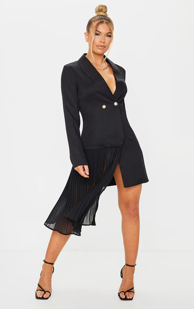 PrettyLittleThing Black Pleated Drape Detail Long Sleeve Blazer Dress in 14