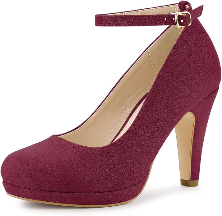 Allegra K Women's Round Toe Stiletto Heel Ankle Strap Burgundy Pumps - 6 M US