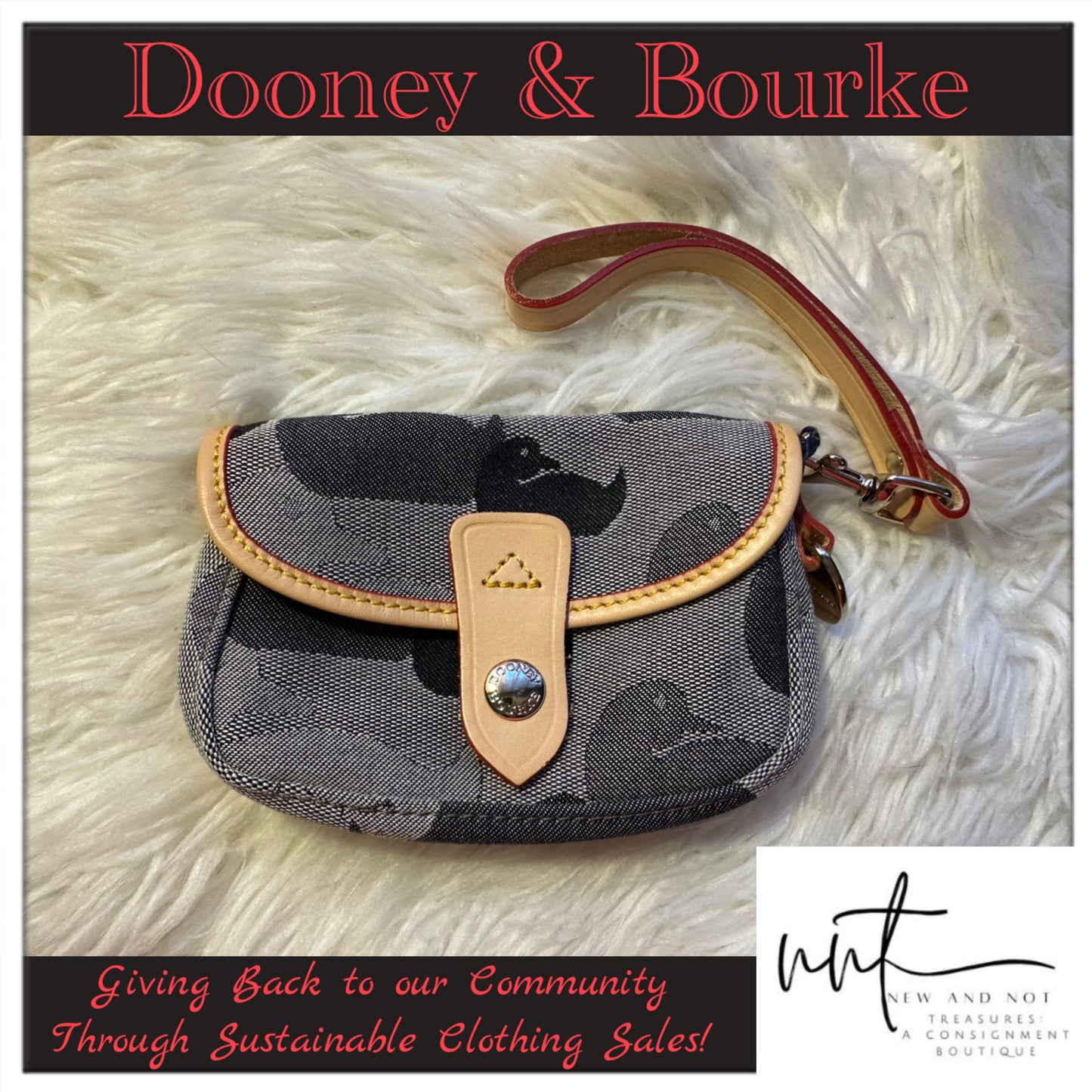Dooney & Bourke Duck Print Flap Wristlet – Gray/Black with Leather Trim