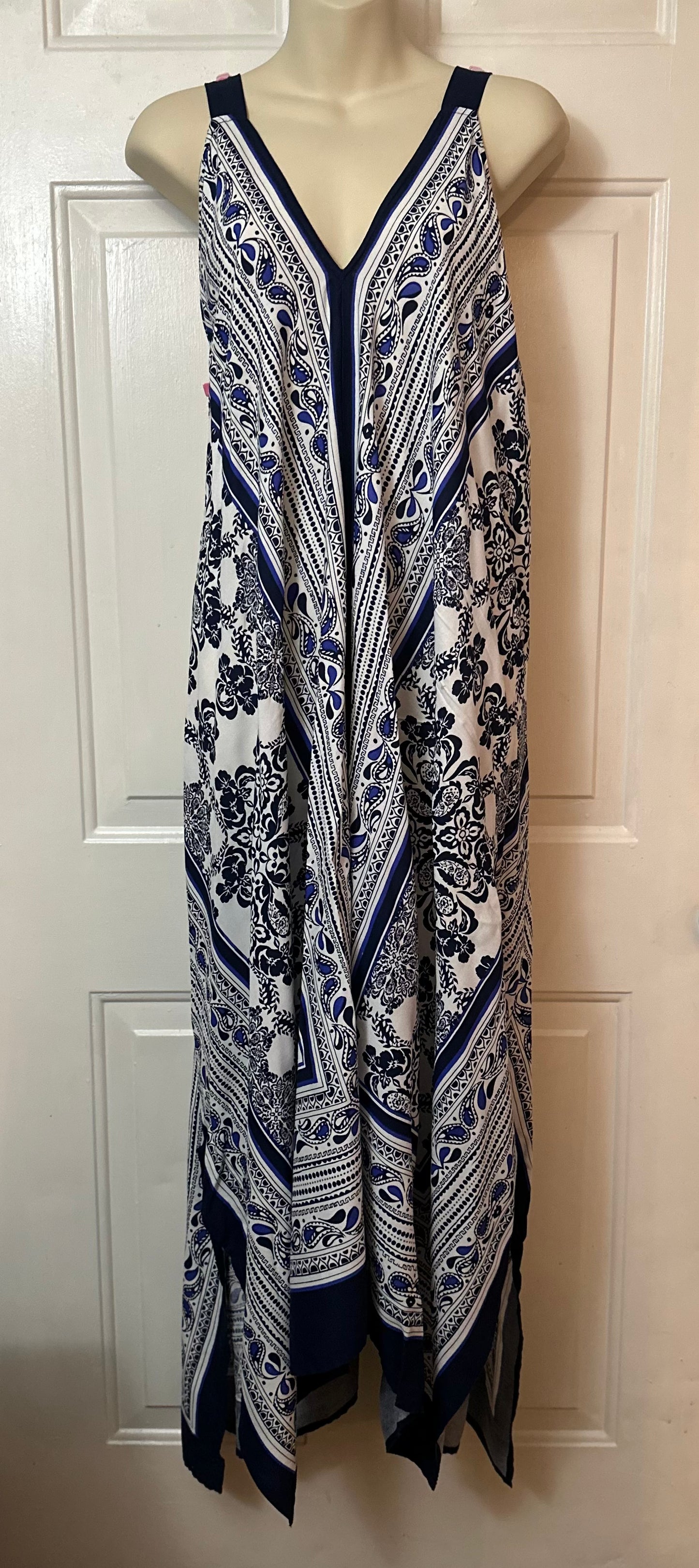 Denim 24/7 Women's 3X Navy & White Scarfprint Sleeveless Asymmetrical Maxi Dress