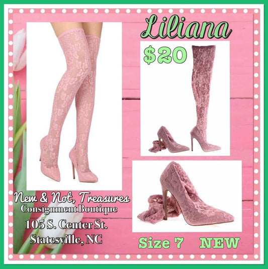 Liliana, size 7.  Pointy Toe Pink Sheer lace thigh high stocking boots. NWOT.