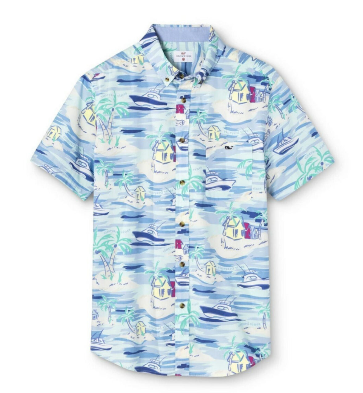 Vineyard Vines x Target Hawaiian Boat Palm Hut Island Ocean Blue Mens Shirt Med