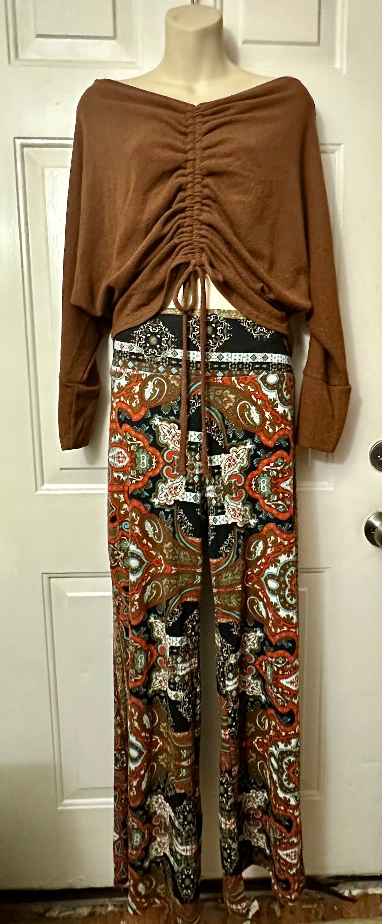 Women's Two Piece Set Outfit WinWin Knit Palazzo Pants Cinched Crop Top LARGE