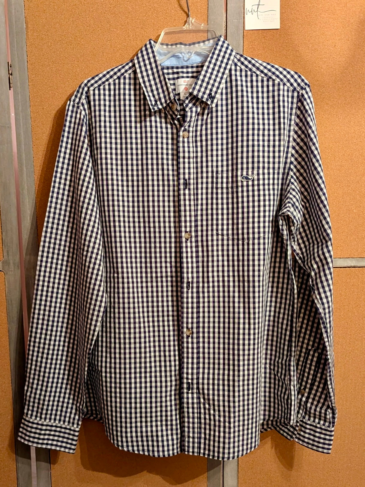 Vineyard Vines Sz M Black White Gingham Print Long Sleeve Buttoned Shirt