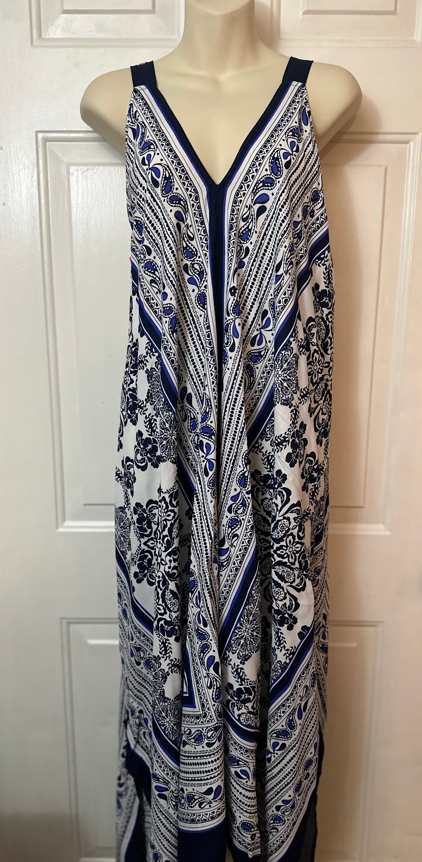 Denim 24/7 Women's 3X Navy & White Scarfprint Sleeveless Asymmetrical Maxi Dress