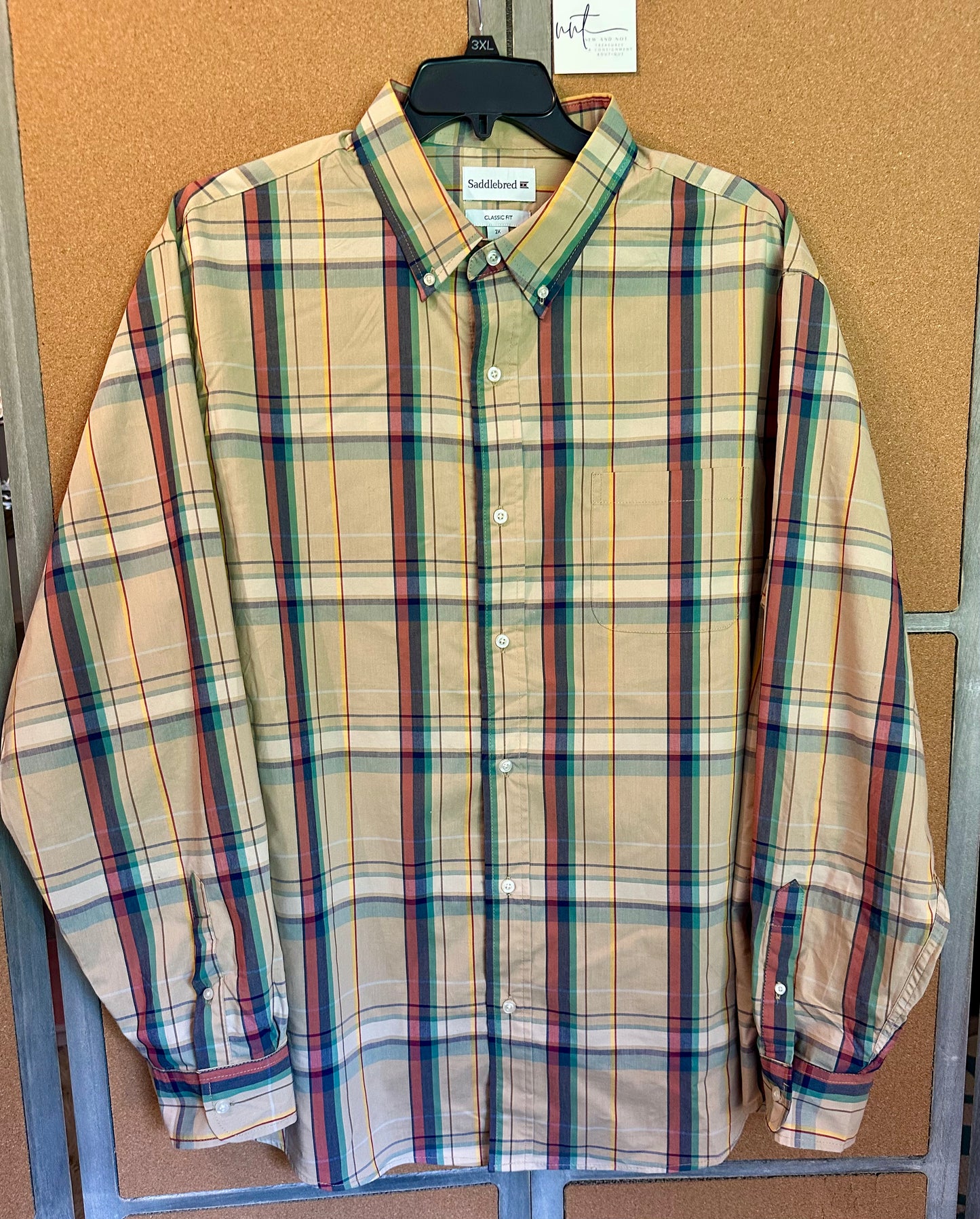 Saddlebred Men’s 2X Plaid Button-Down Shirt Classic Fit Long Sleeve Tan Burgundy