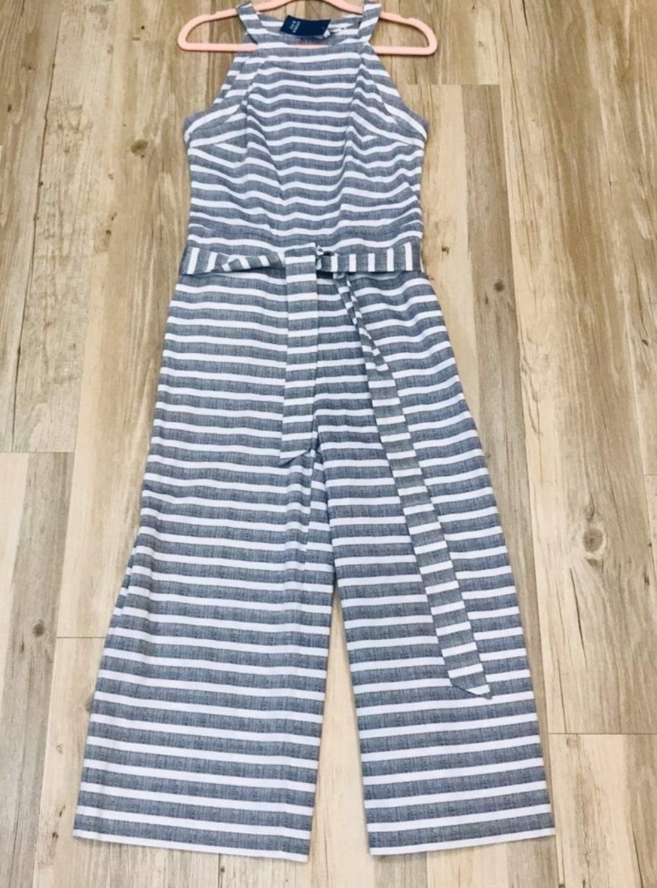 Crown & Ivy High Neck Sleeveless Capri Belted Jumpsuit Size 14 Blue/white