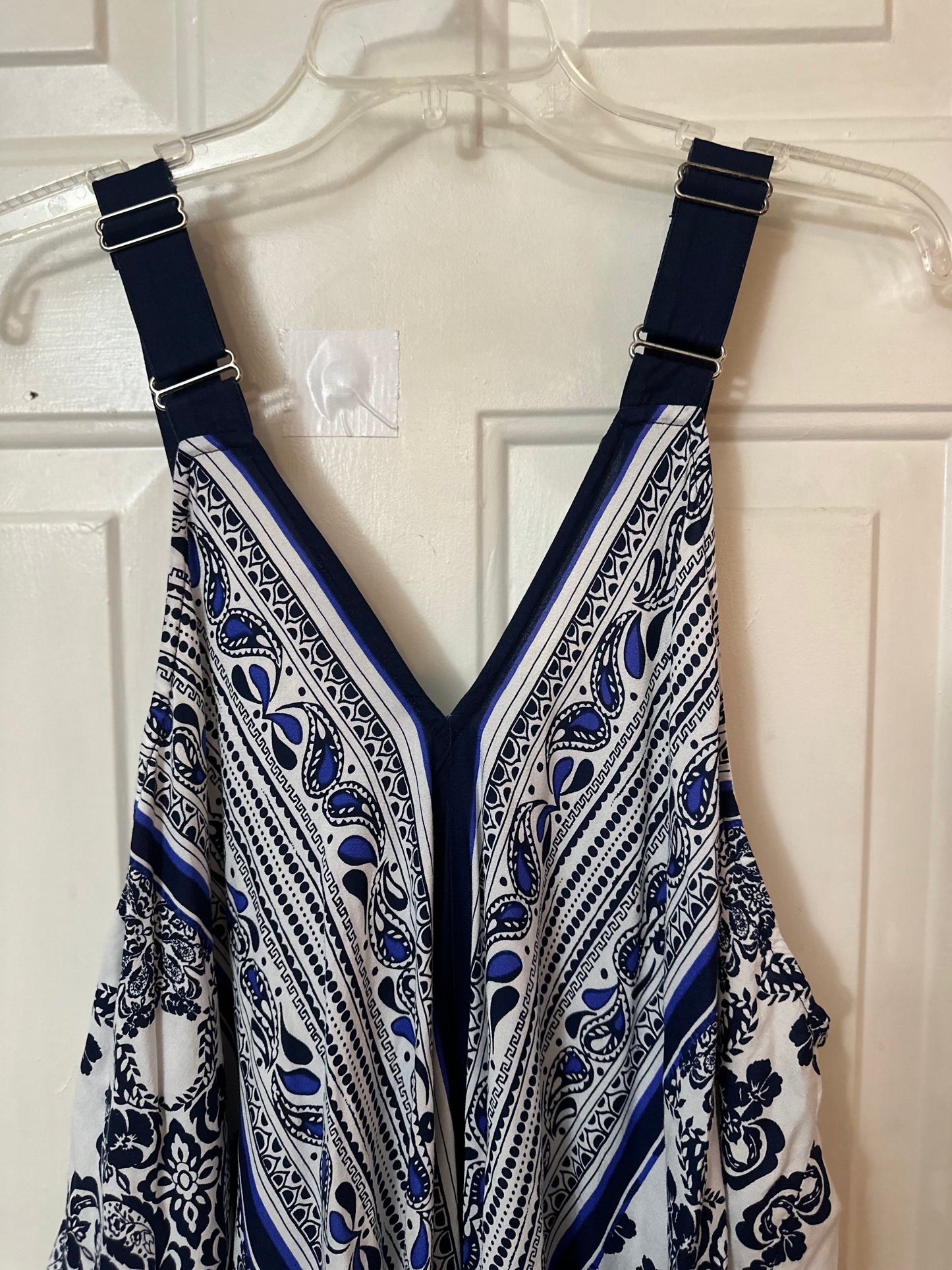 Denim 24/7 Women's 3X Navy & White Scarfprint Sleeveless Asymmetrical Maxi Dress