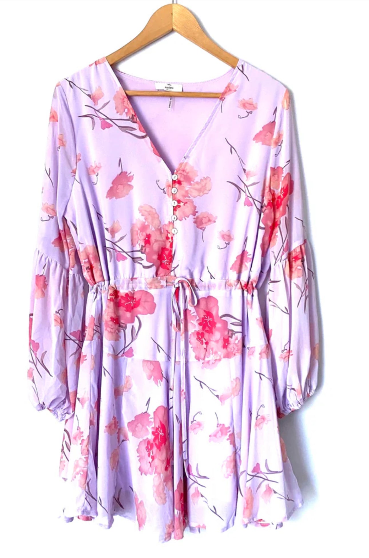 LuLu’s Entro Women Long Balloon Sleeve Lavender Floral  V-neck Dress Size Medium