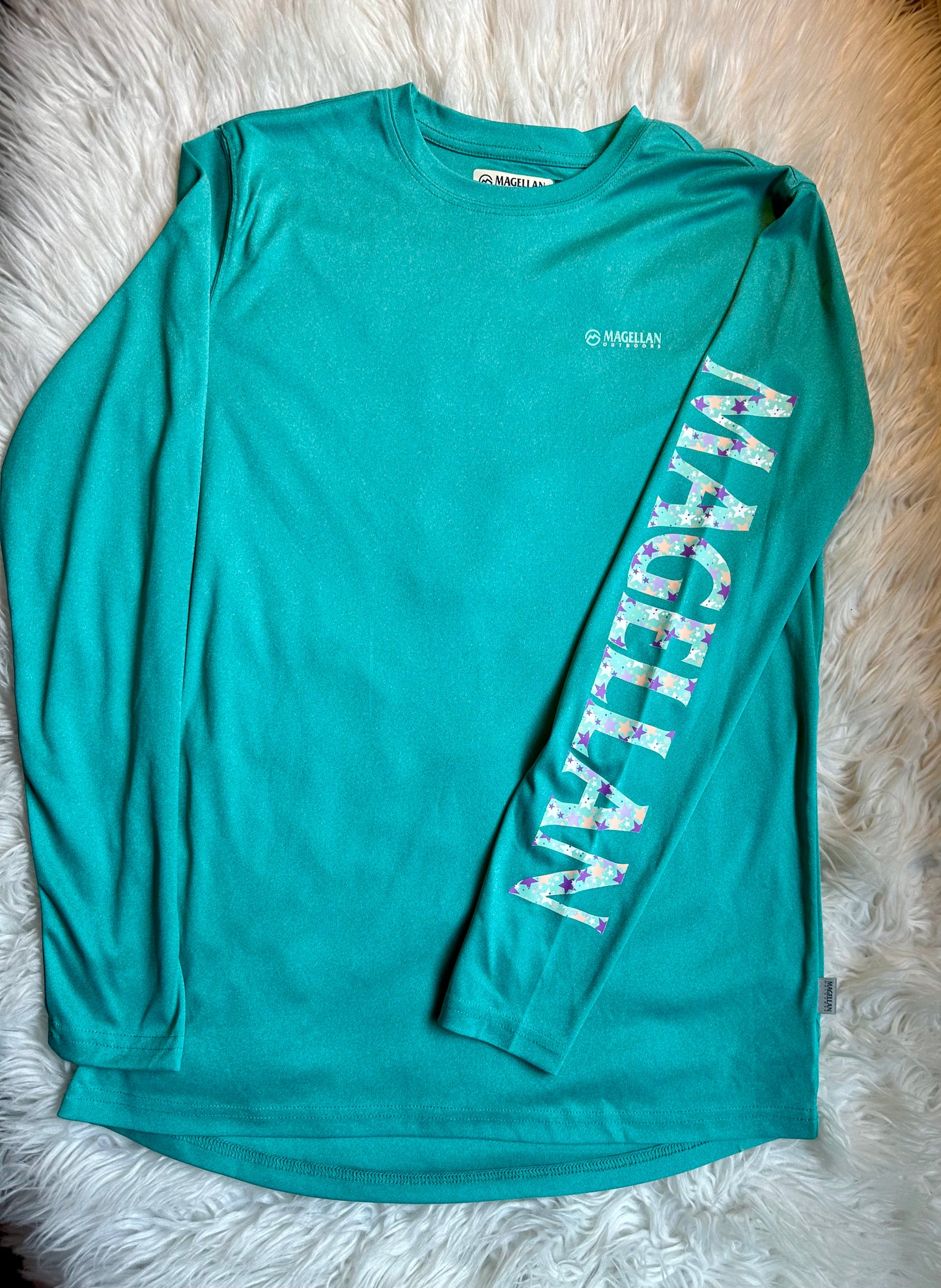 Magellan Fish Gear Women's Size S Boyfriend Fit Teal Moisture Wicking Logo Shirt