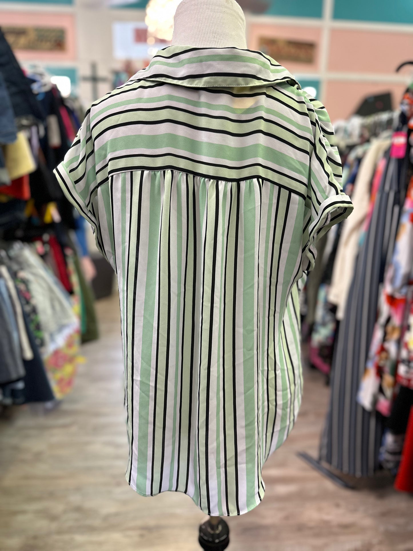 Cato Green Striped Tie Front Top in XS