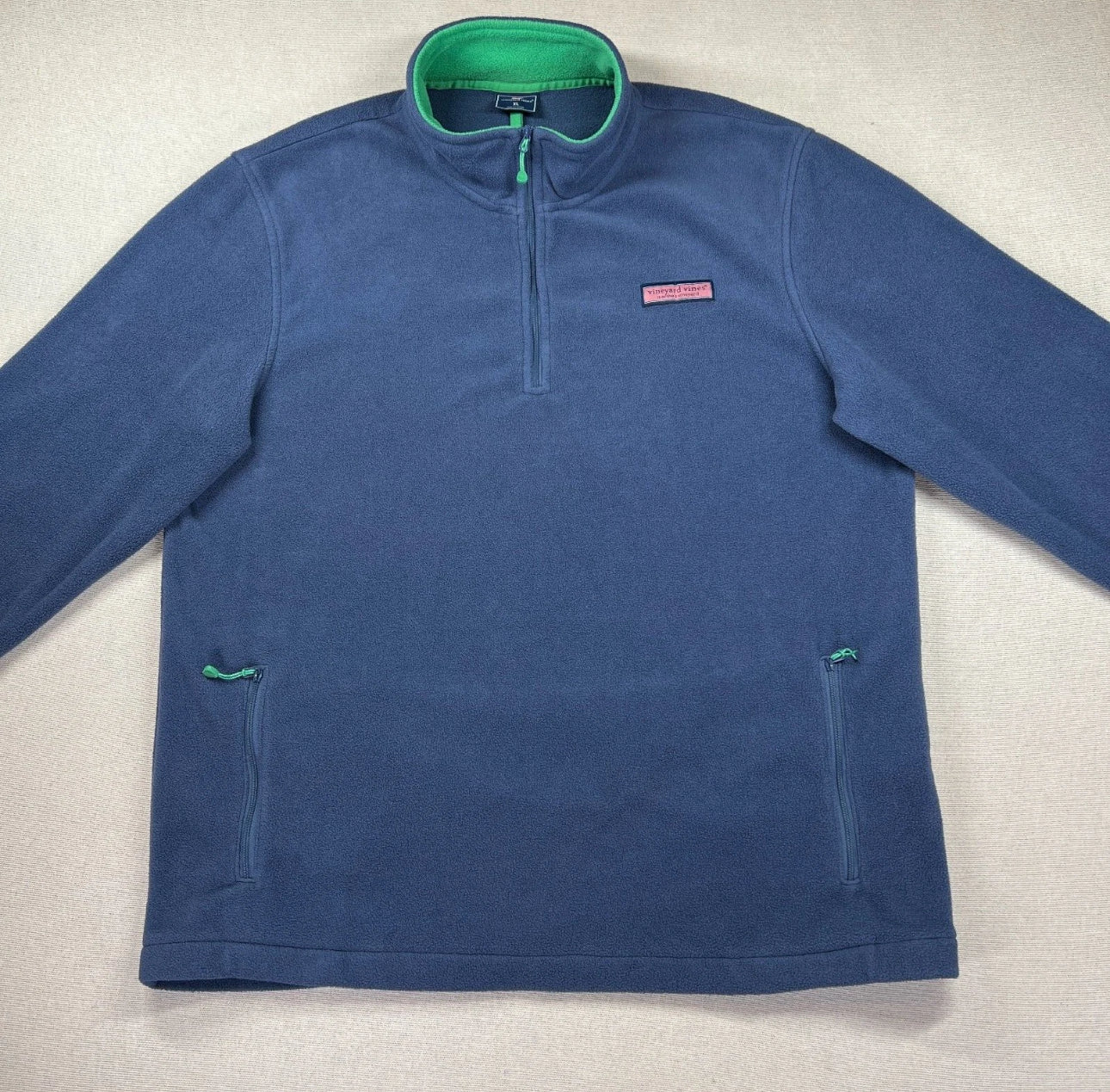 Vineyard Vines Men’s Size Medium Blue Fleece Quarter Zip Pullover Green Trim
