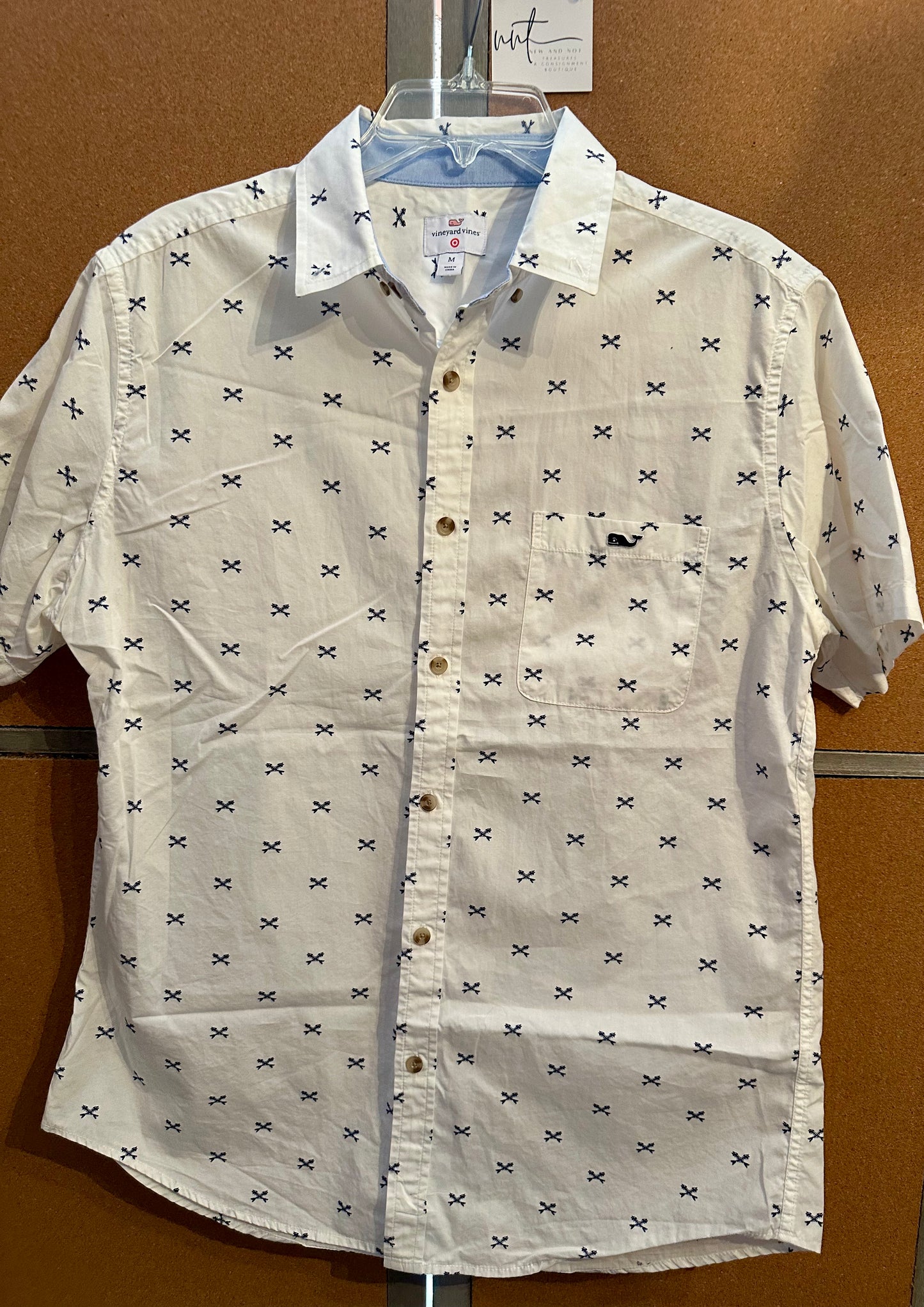 Vineyard Vines Sz M White Fish Skeleton Bones Print Short Sleeve Buttoned Shirt