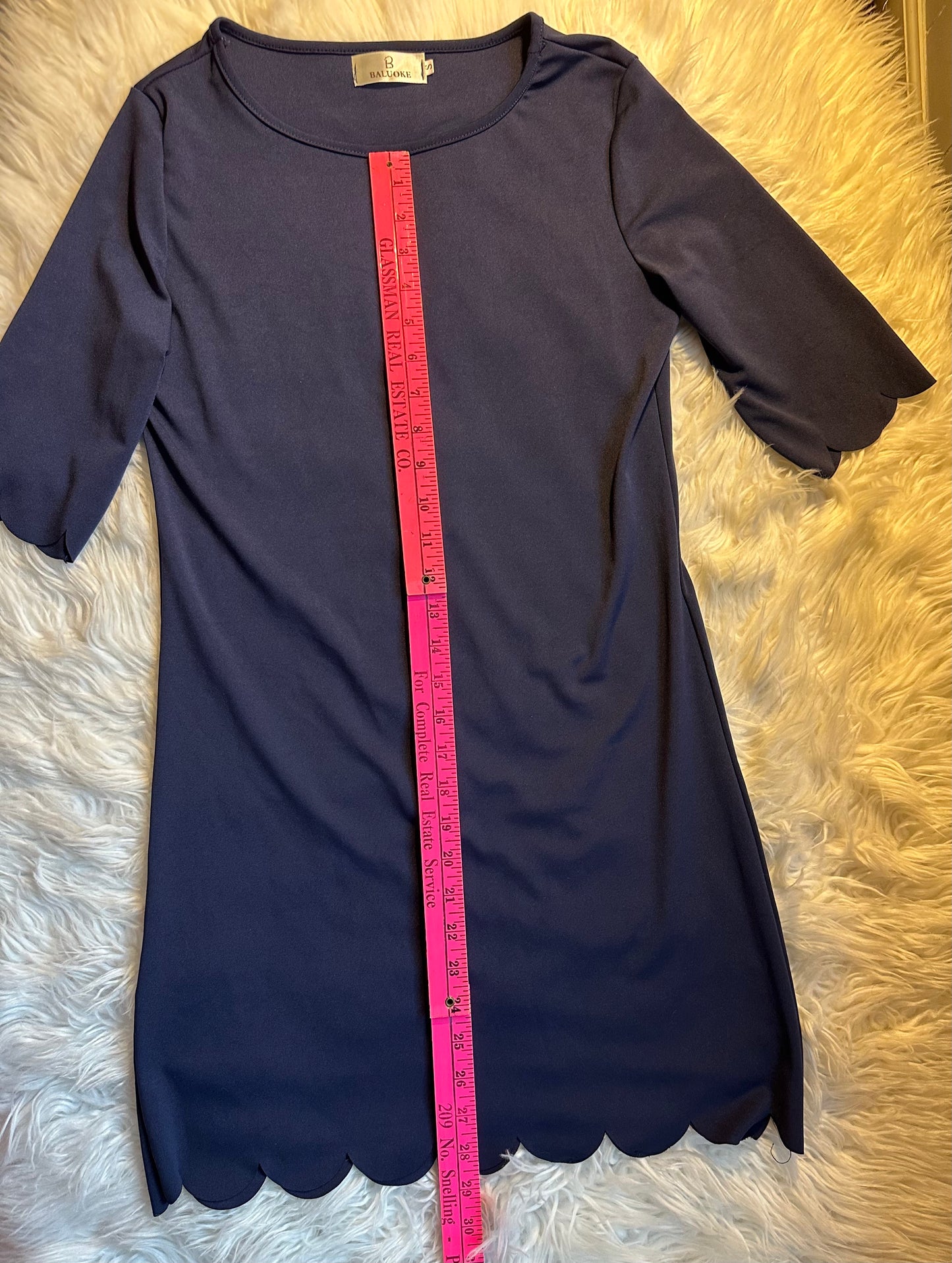 Balauoke Navy Scallop Hem Sheath Dress Women’s Small Half Sleeve Above Knee