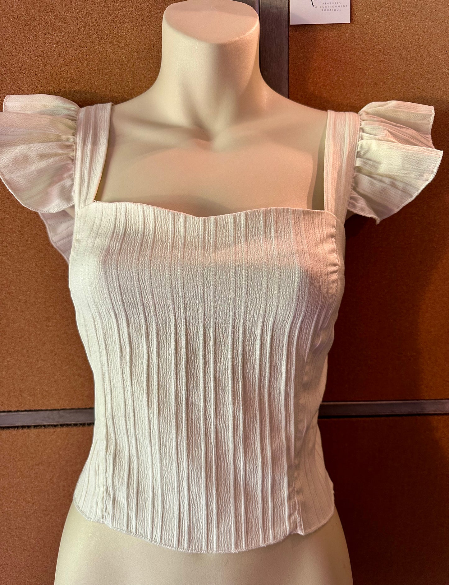 White Ruffle Sleeve Square Neck Blouse – Smocked Back Slim Fit Top Size Small