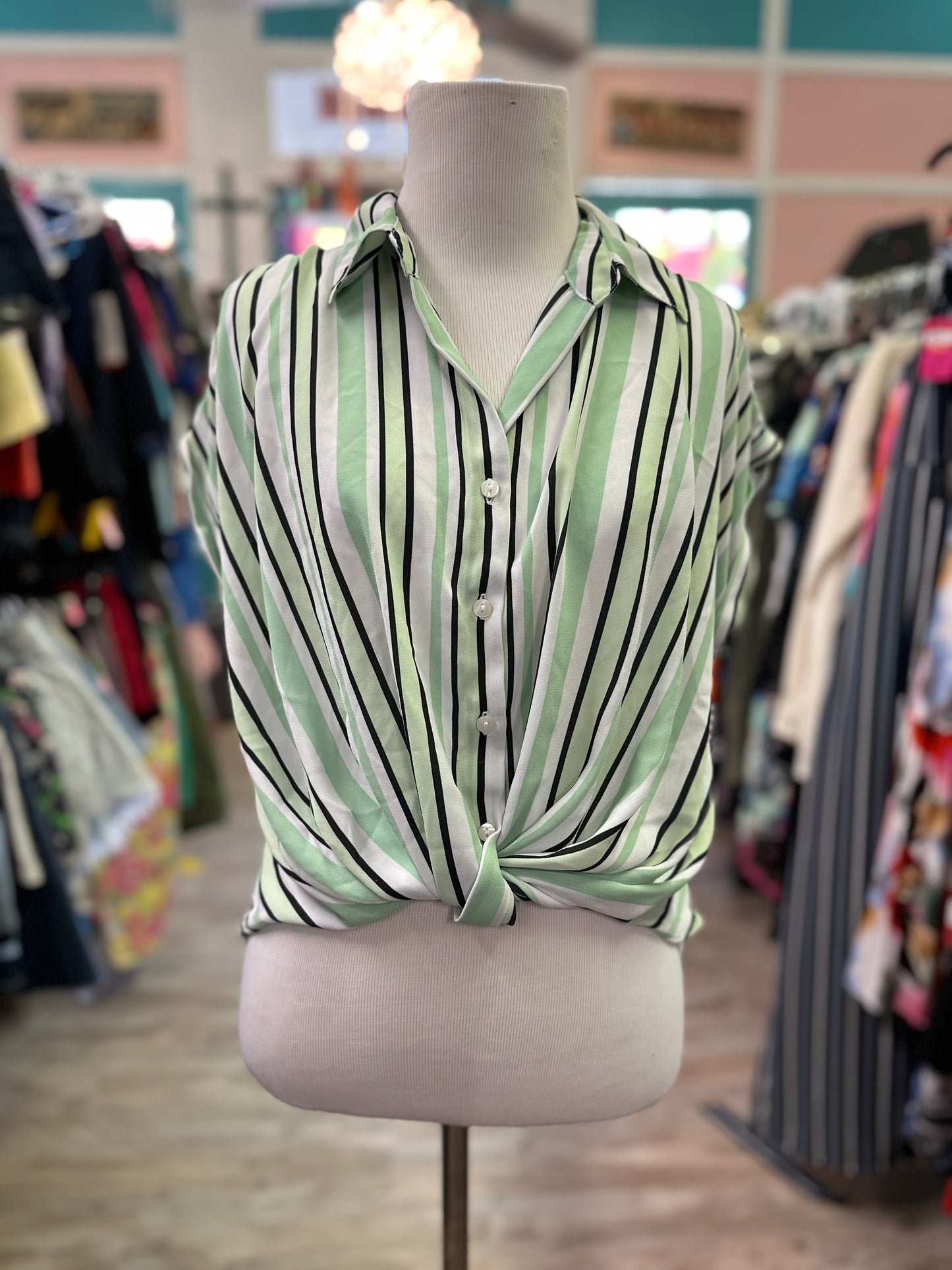 Cato Green Striped Tie Front Top in XS