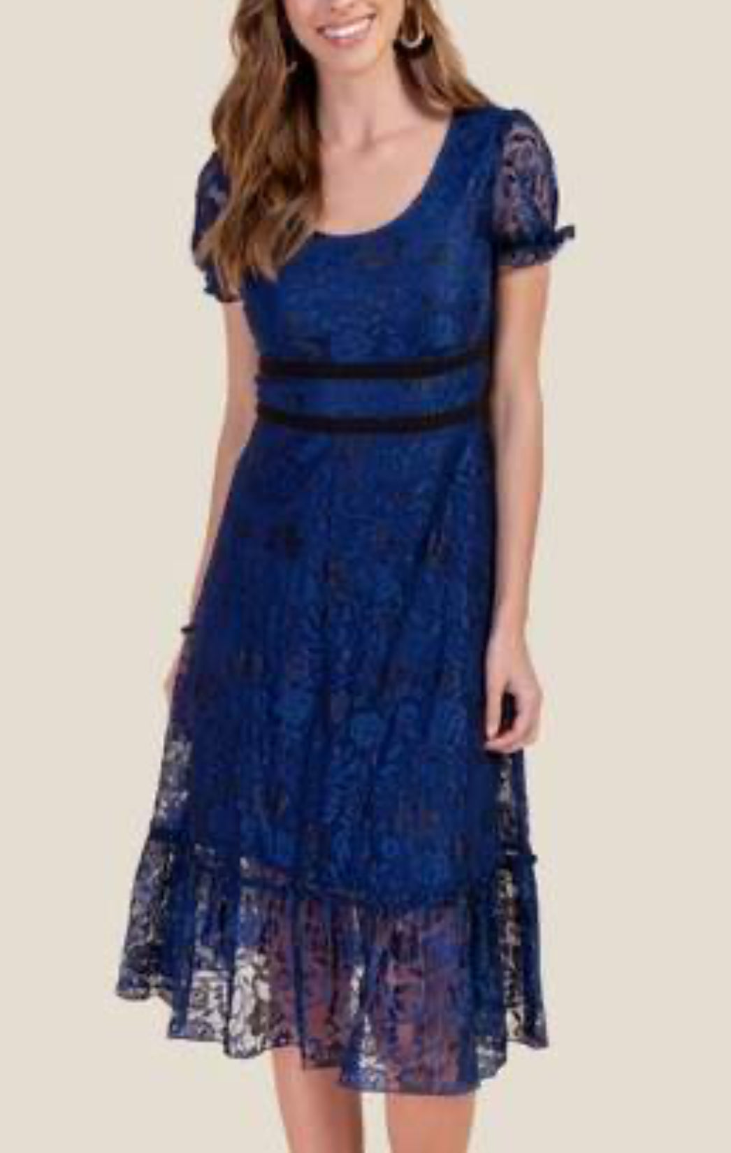 NWT Mi Ami Navy & Black Floral Lace Ruffle Tier Midi Dress – Size Small