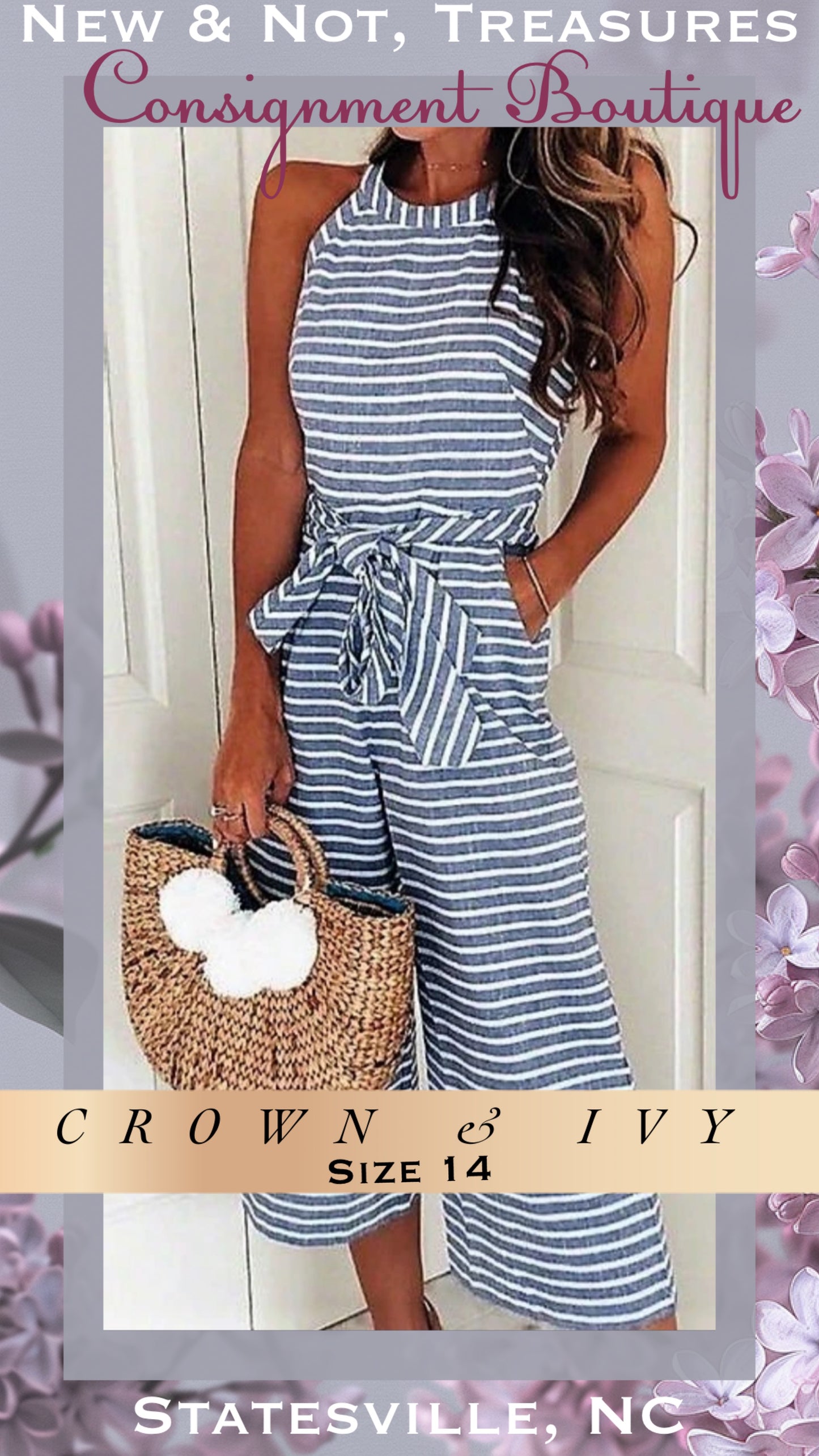 Crown & Ivy High Neck Sleeveless Capri Belted Jumpsuit Size 14 Blue/white