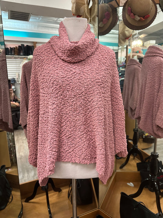 Generation K, Soft Cowl Neck Poncho Popcorn Sweater Pink. Small (oversized).