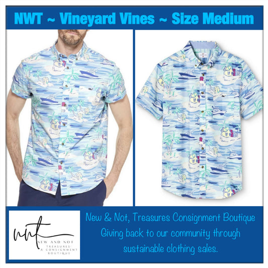 Vineyard Vines x Target Hawaiian Boat Palm Hut Island Ocean Blue Mens Shirt Med