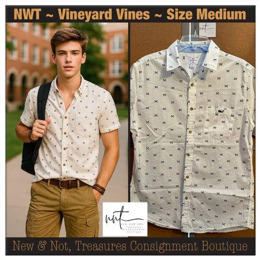 Vineyard Vines Sz M White Fish Skeleton Bones Print Short Sleeve Buttoned Shirt