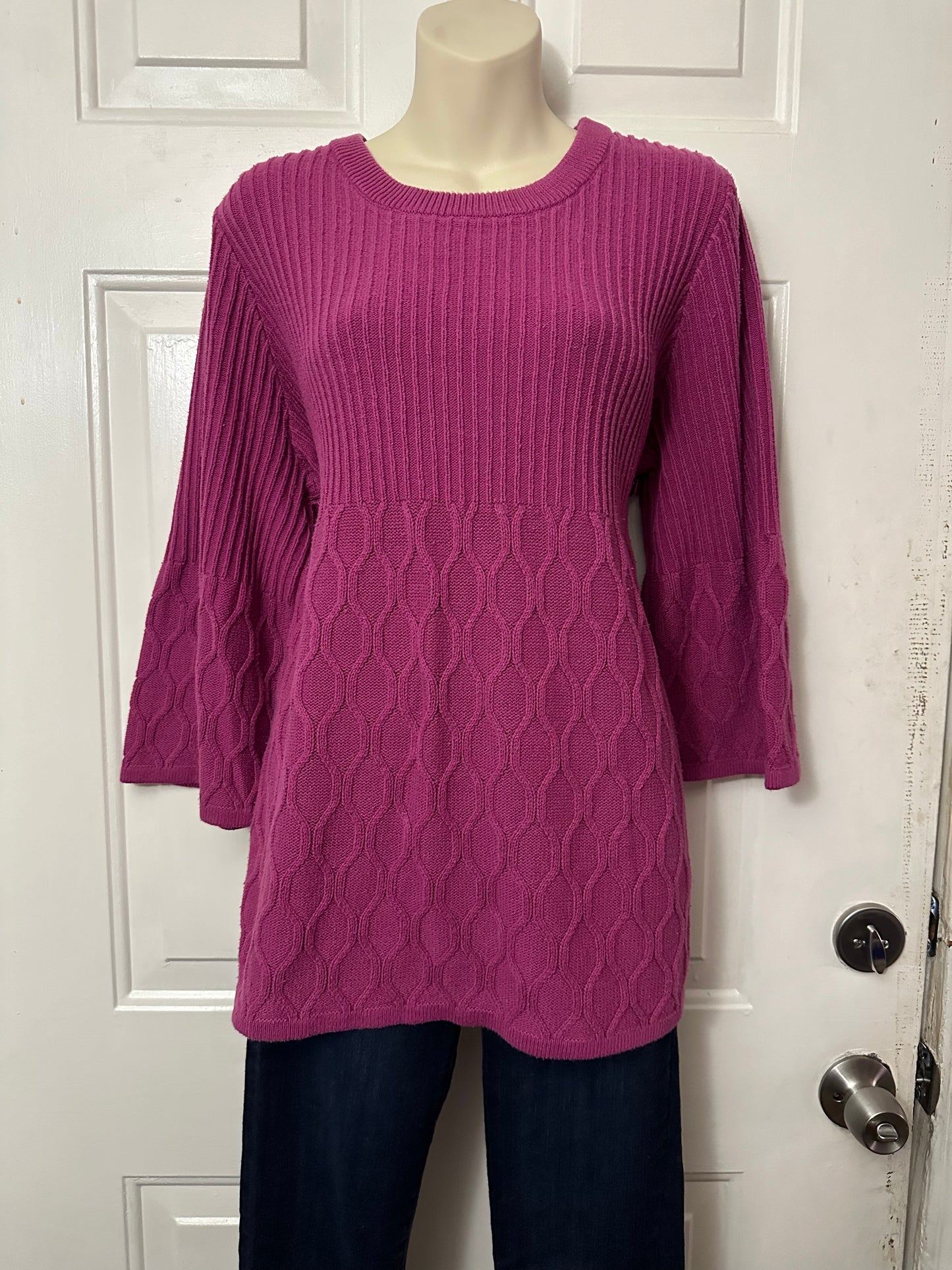 Denim & Co. Women's XL Pullover Sweater Babydoll Top Purple Round Neck Ribbed