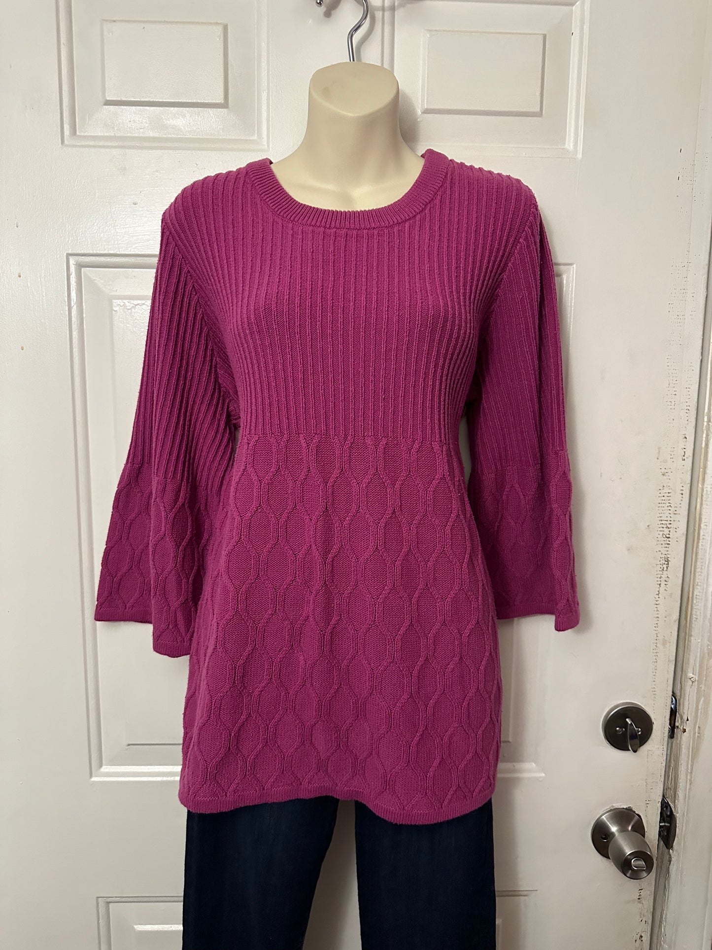 Denim & Co. Women's XL Pullover Sweater Babydoll Top Purple Round Neck Ribbed