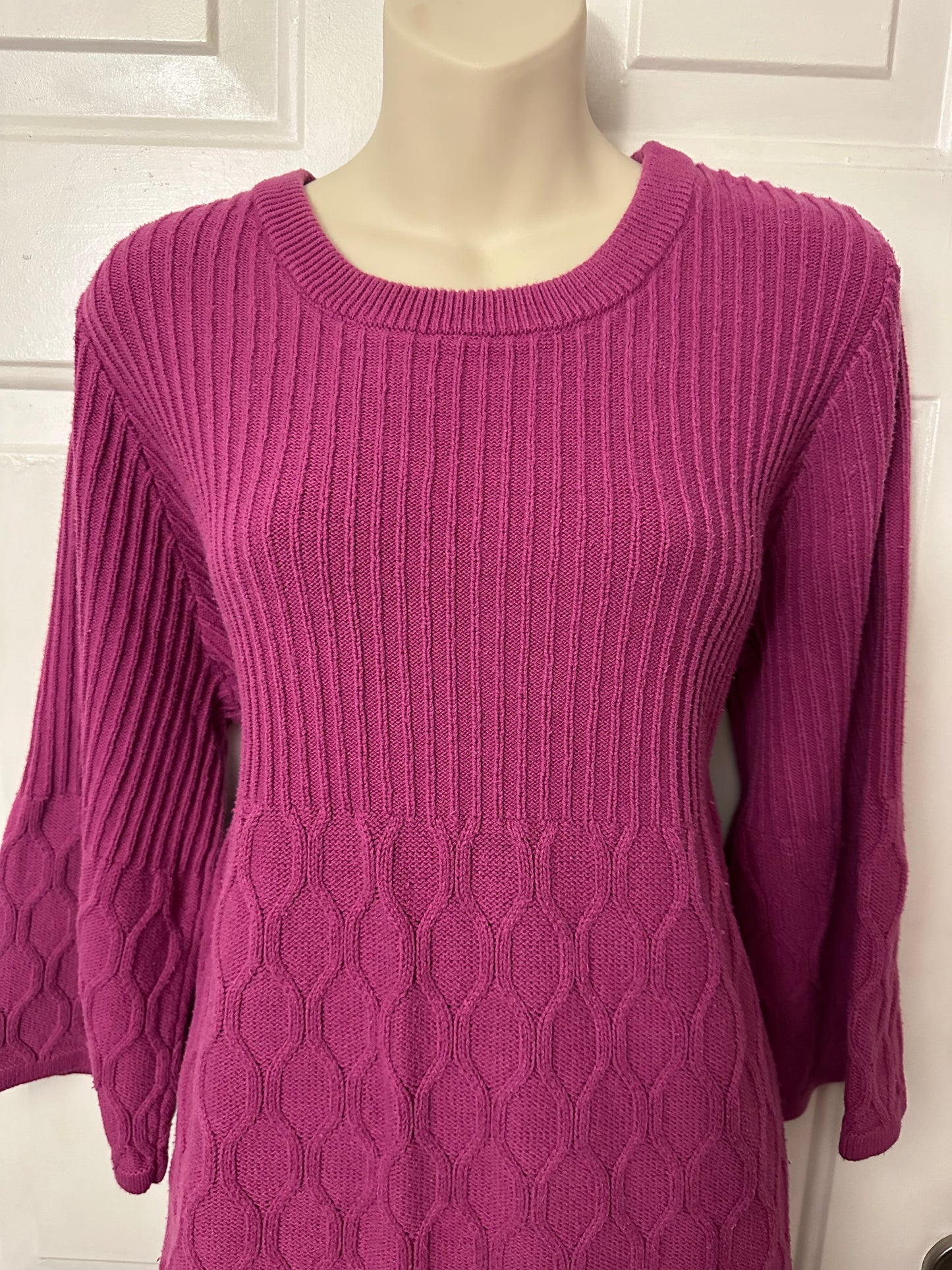 Denim & Co. Women's XL Pullover Sweater Babydoll Top Purple Round Neck Ribbed