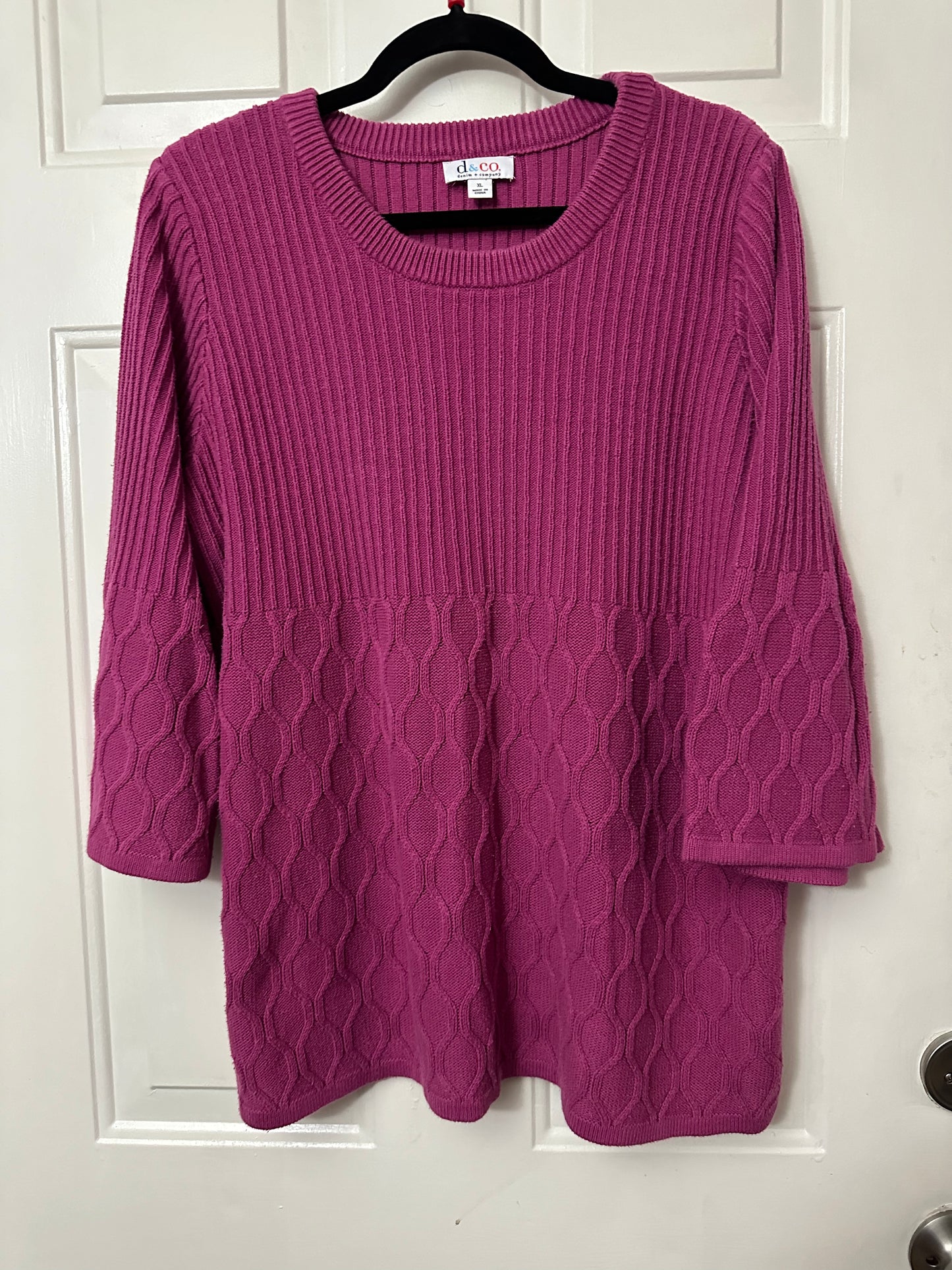 Denim & Co. Women's XL Pullover Sweater Babydoll Top Purple Round Neck Ribbed