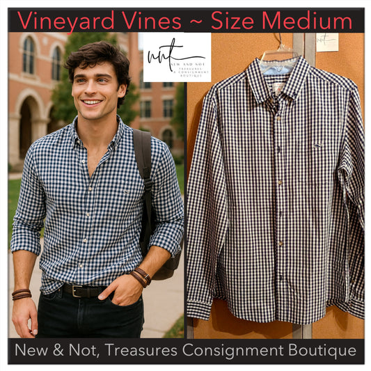 Vineyard Vines Sz M Black White Gingham Print Long Sleeve Buttoned Shirt