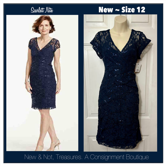 NWT Scarlett Nite Navy Blue Tiered Lace Sequins Lined Fitted Sheath Dress Sz 12