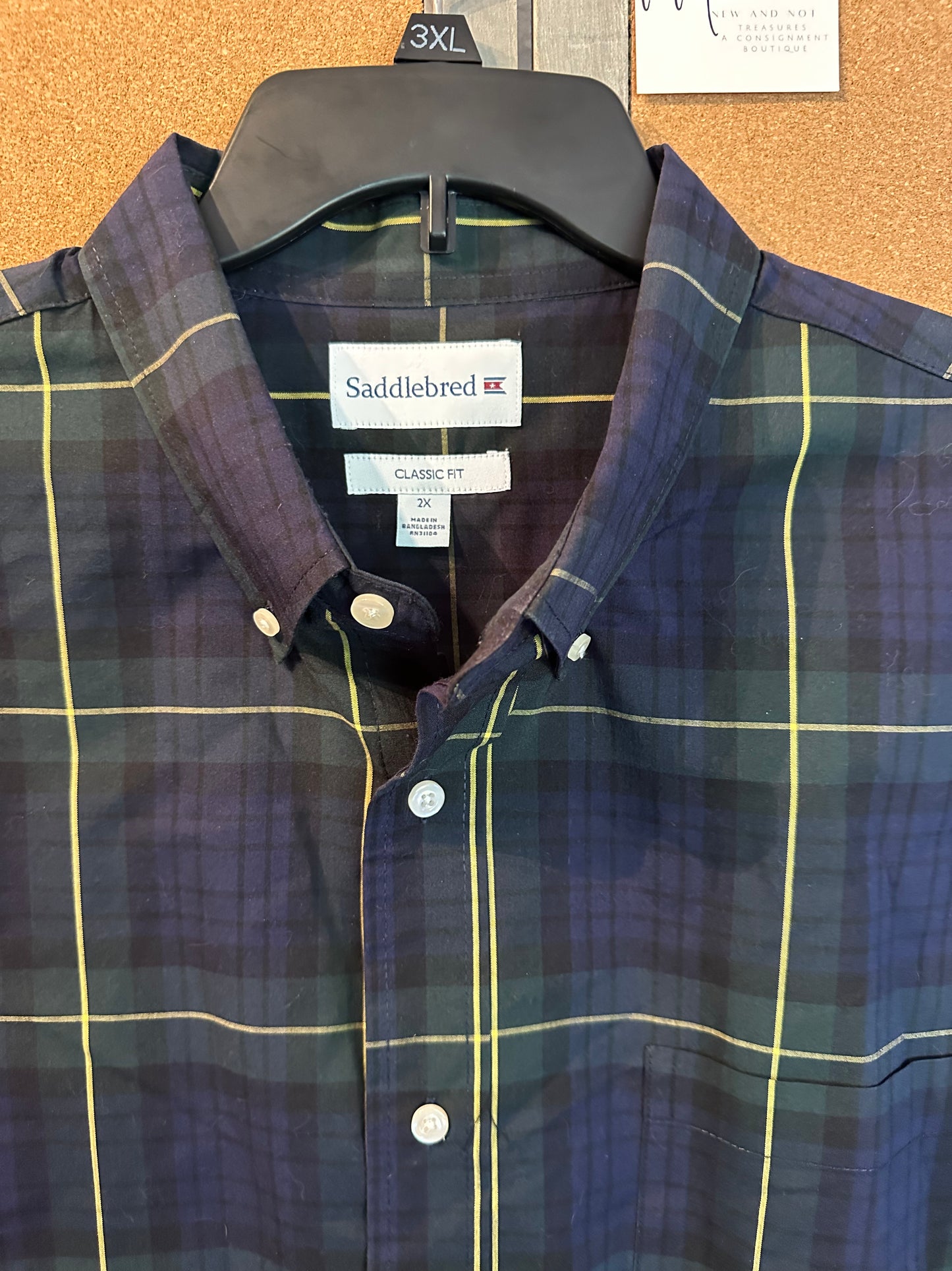 Saddlebred Men's Long Sleeve Button Down Shirt Blue Green Plaid Collar Size 2X